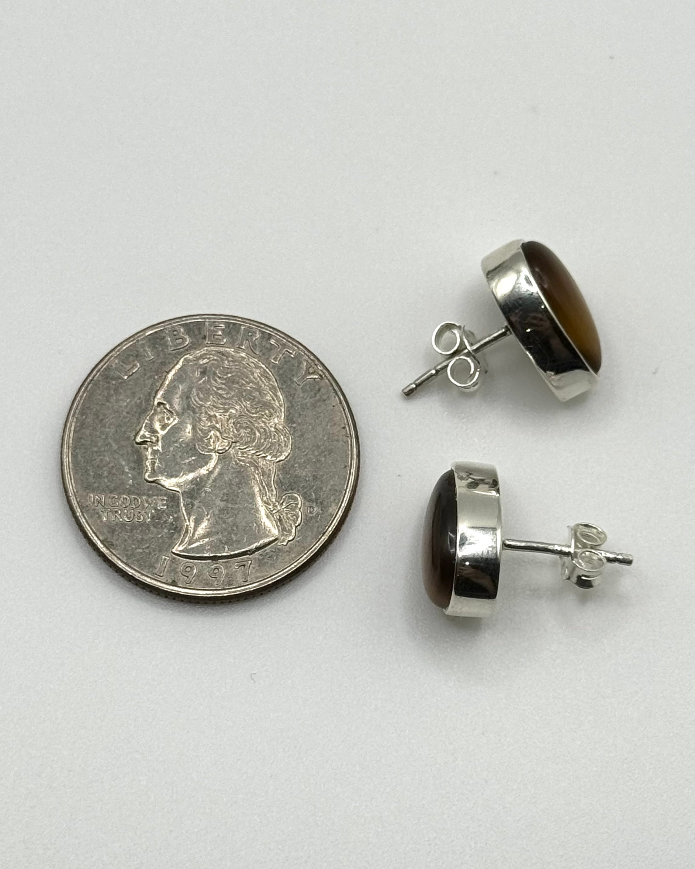 •TIGER'S EYE - TEARDROP• silver bezel set stud earrings
