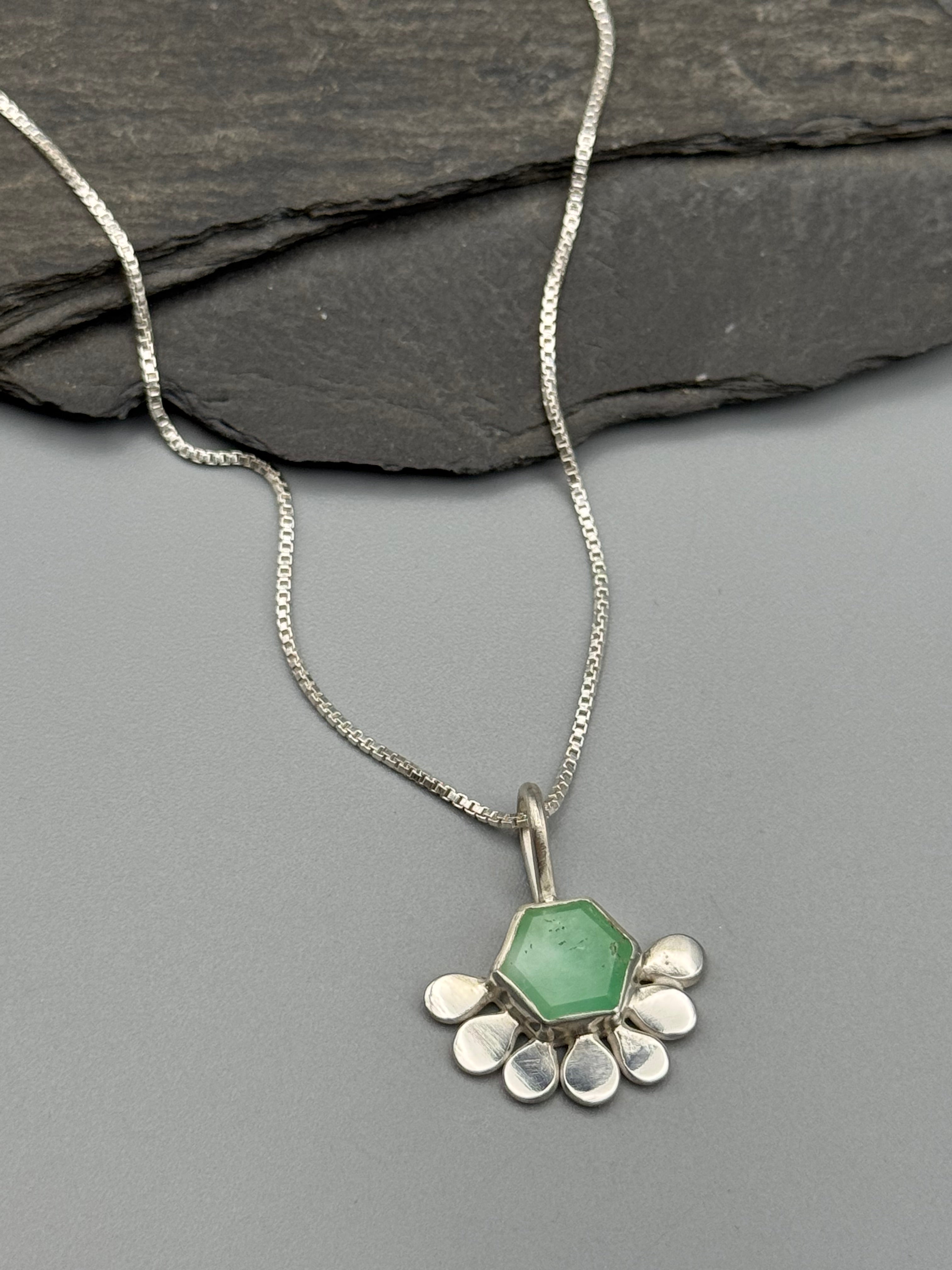 •LIL’ POLLINATOR• chrysoprase hex + silver necklace (16" long)