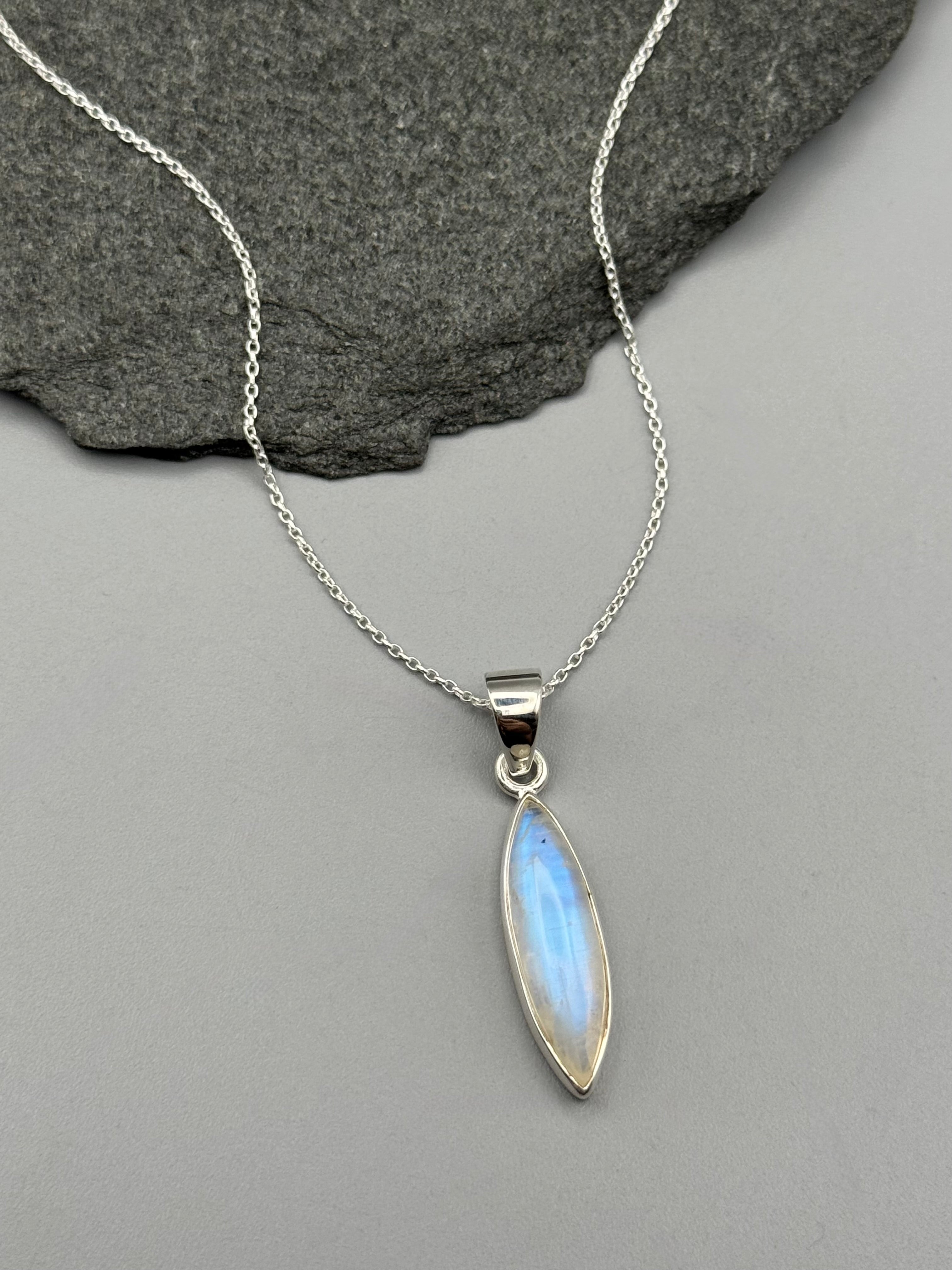 •RAINBOW MOONSTONE - MARQUISE• sterling silver necklace (18" long)