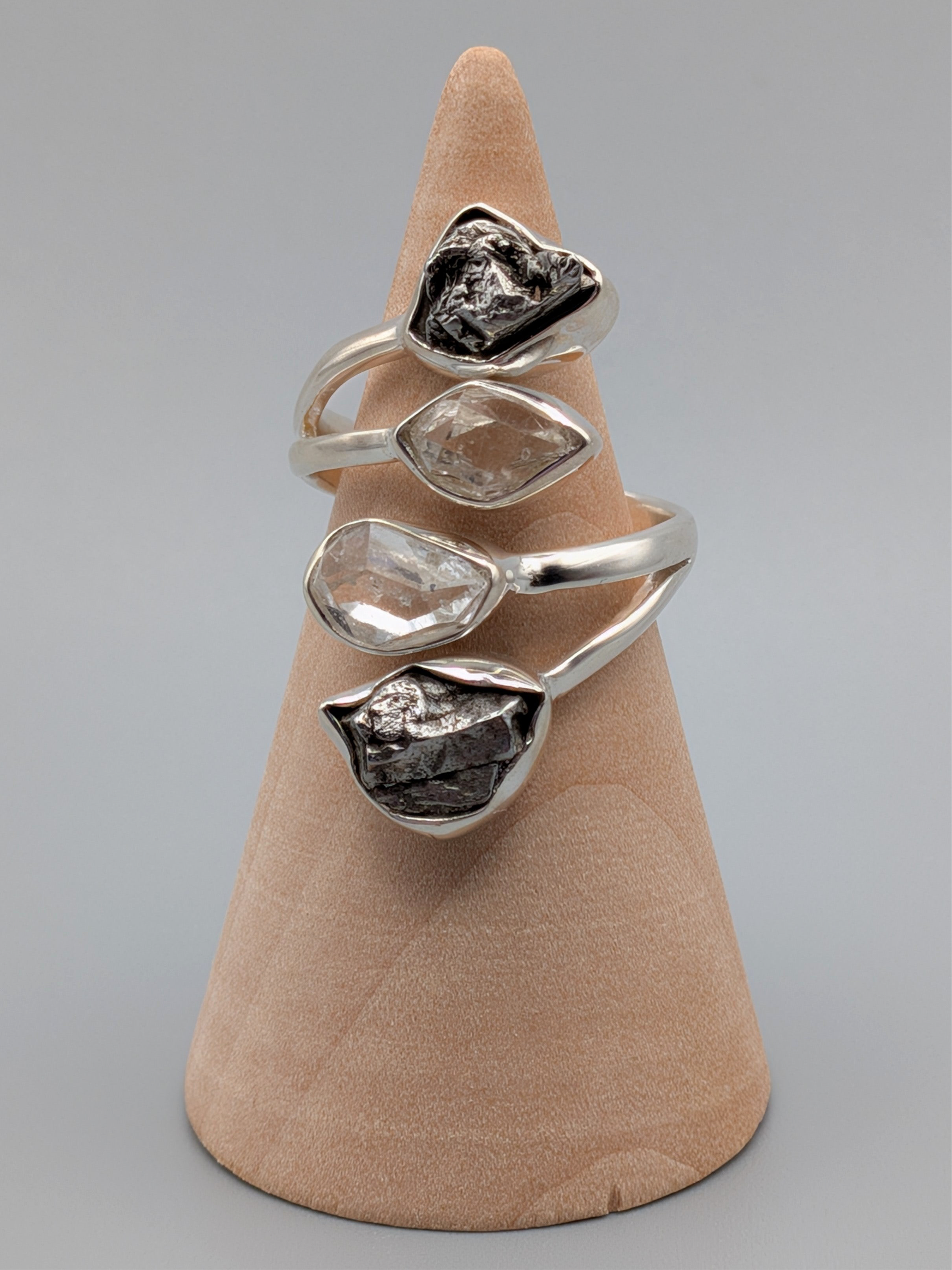 •METEORITE + HERKIMER• adjustable silver ring (various options)