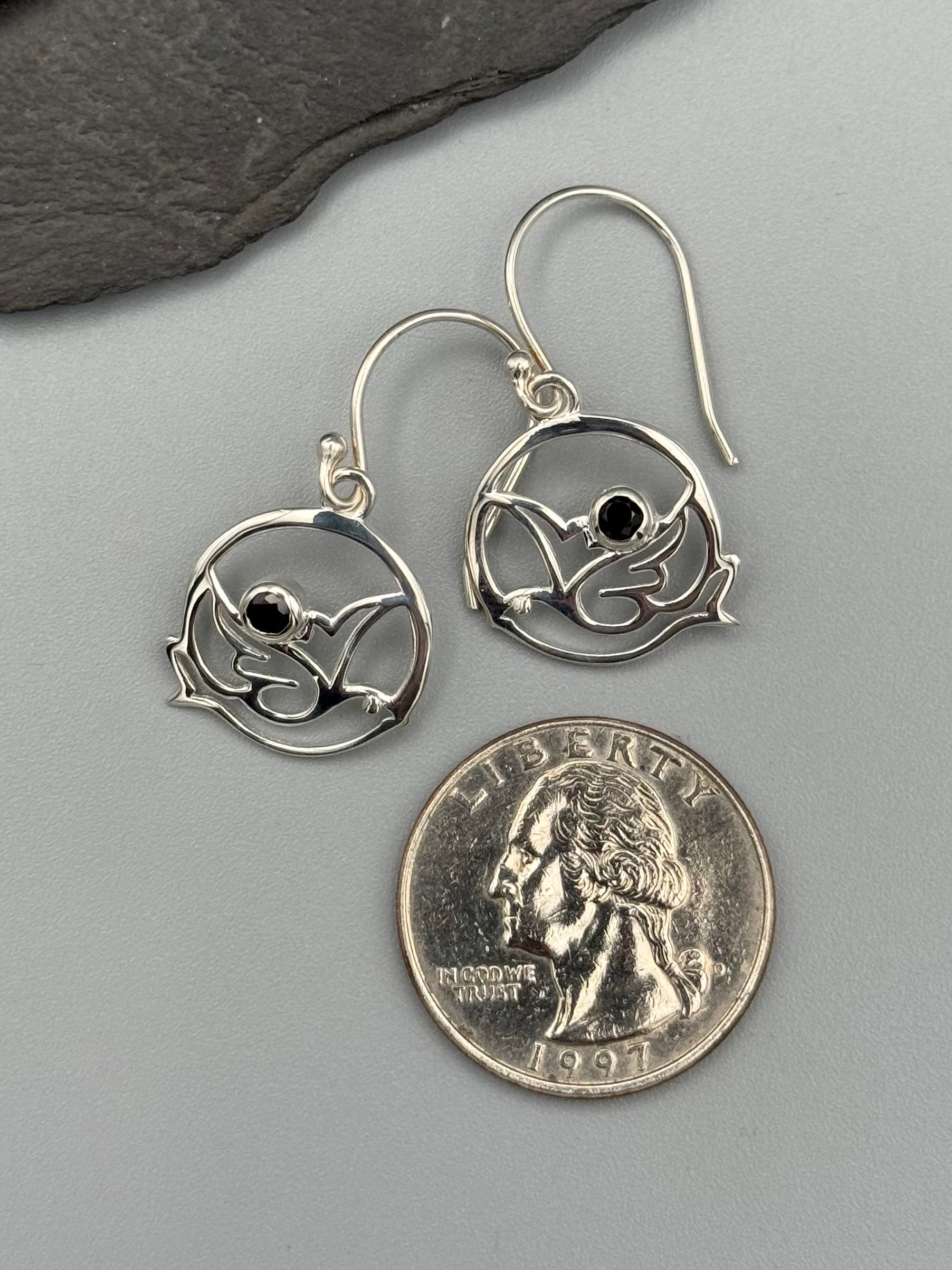 •DOVE CUTOUT• onyx + silver dangle earrings