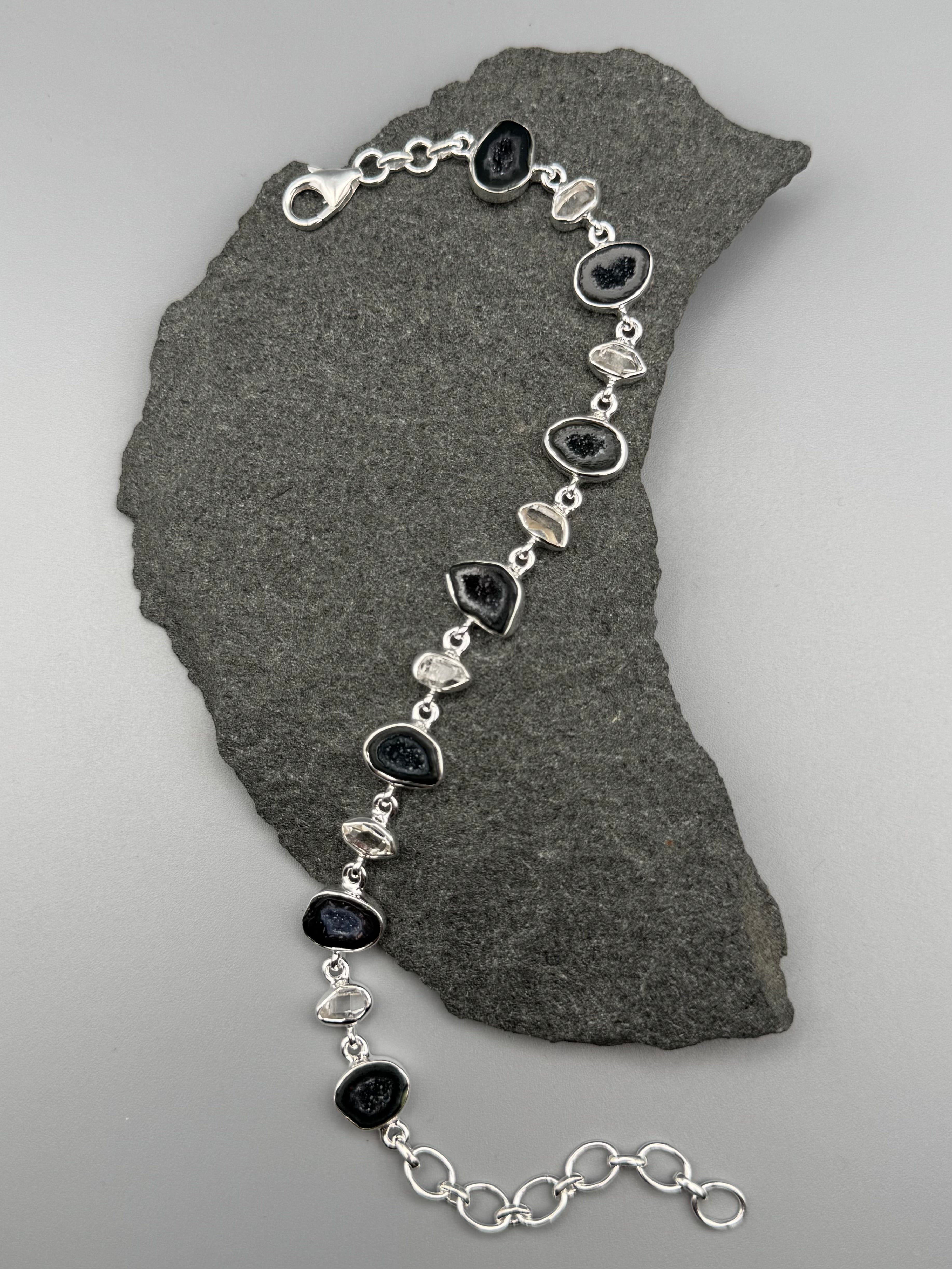•COCONUT DRUZY + HERKIMER• linked silver bracelet (7.25" - 9")
