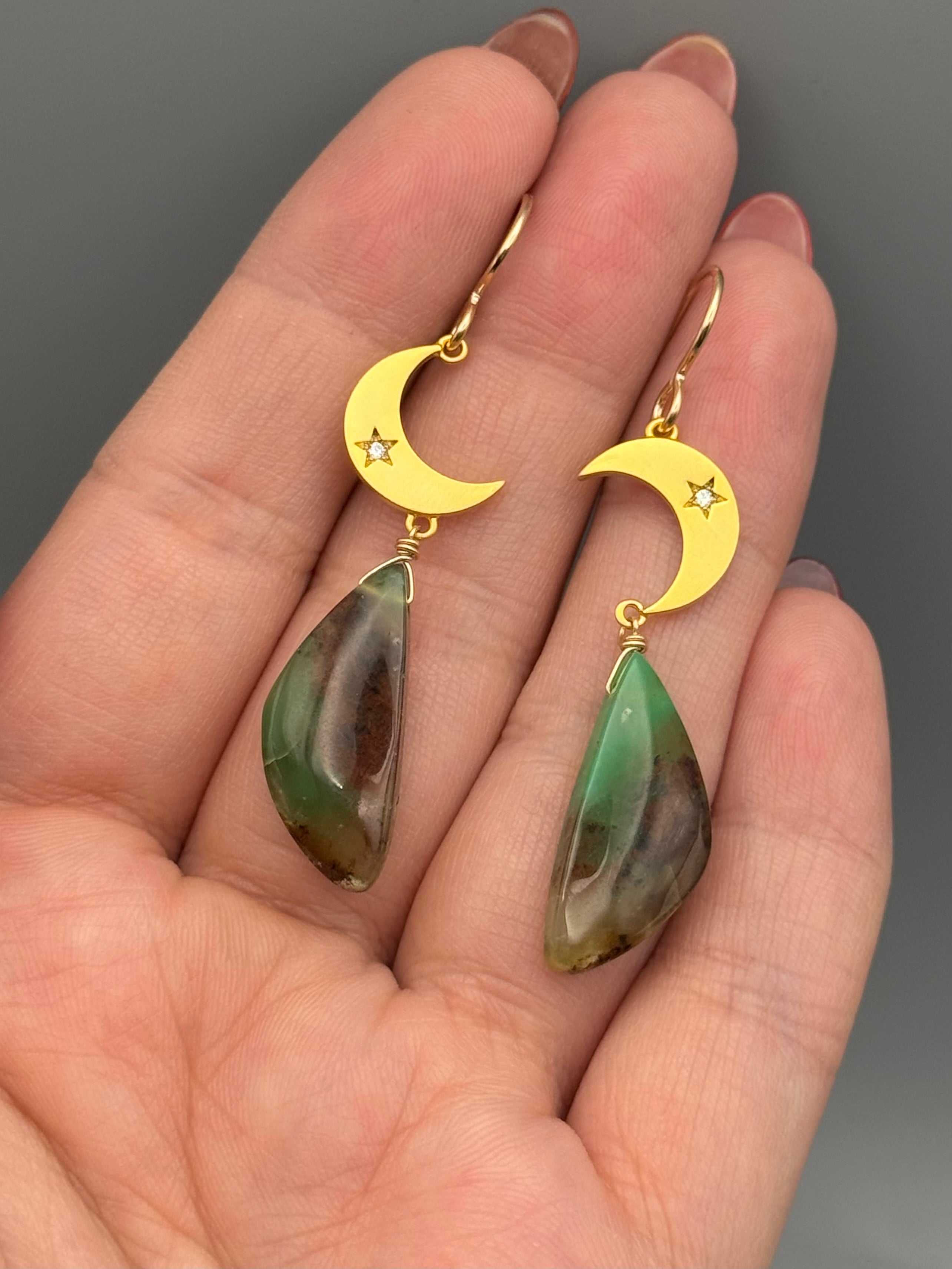 •CRYSTAL CRESCENT• chrysoprase wing + gold earrings