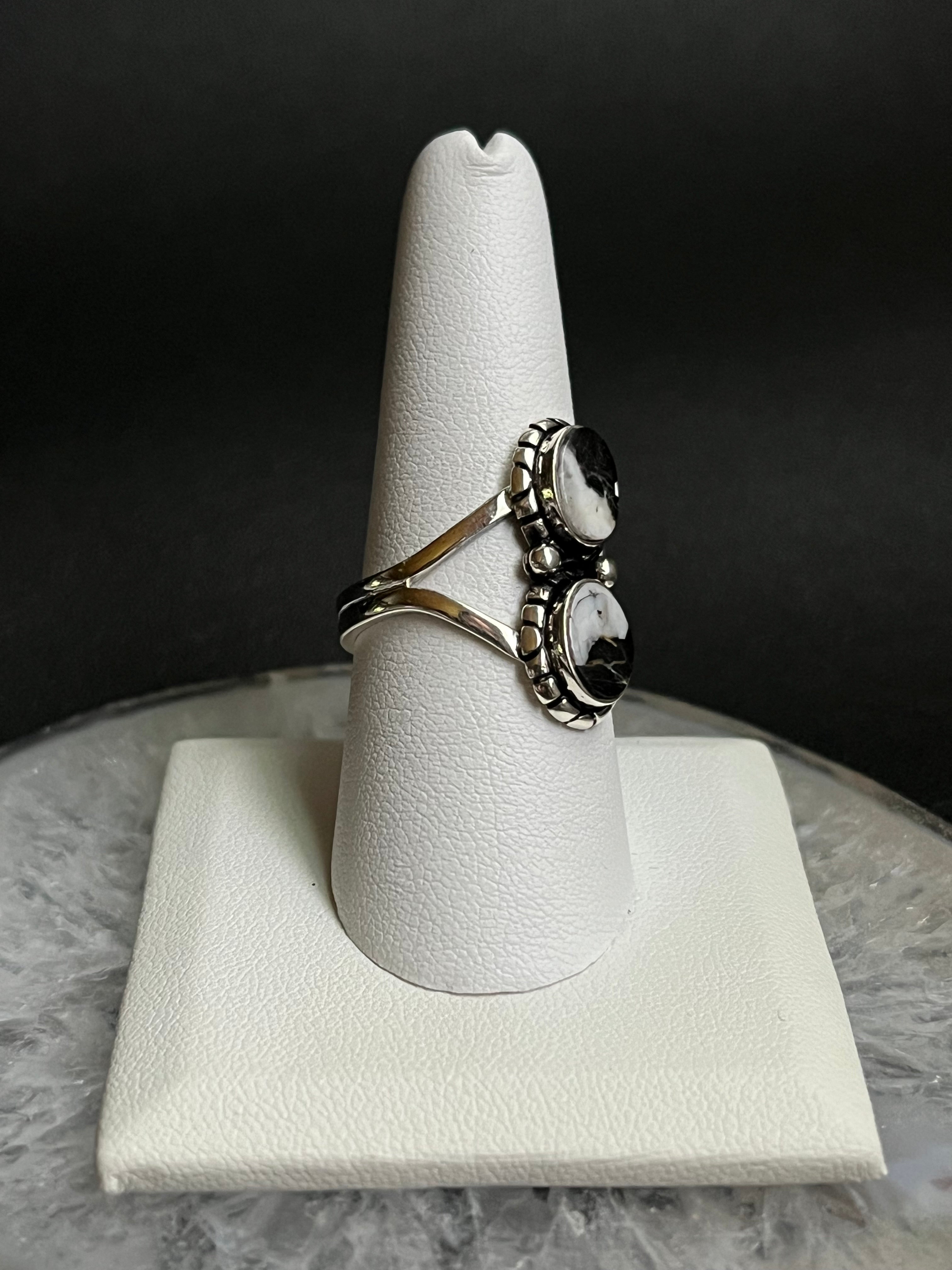 •WHITE BUFFALO TURQUOISE• Navajo silver double stone ring - size 8.75