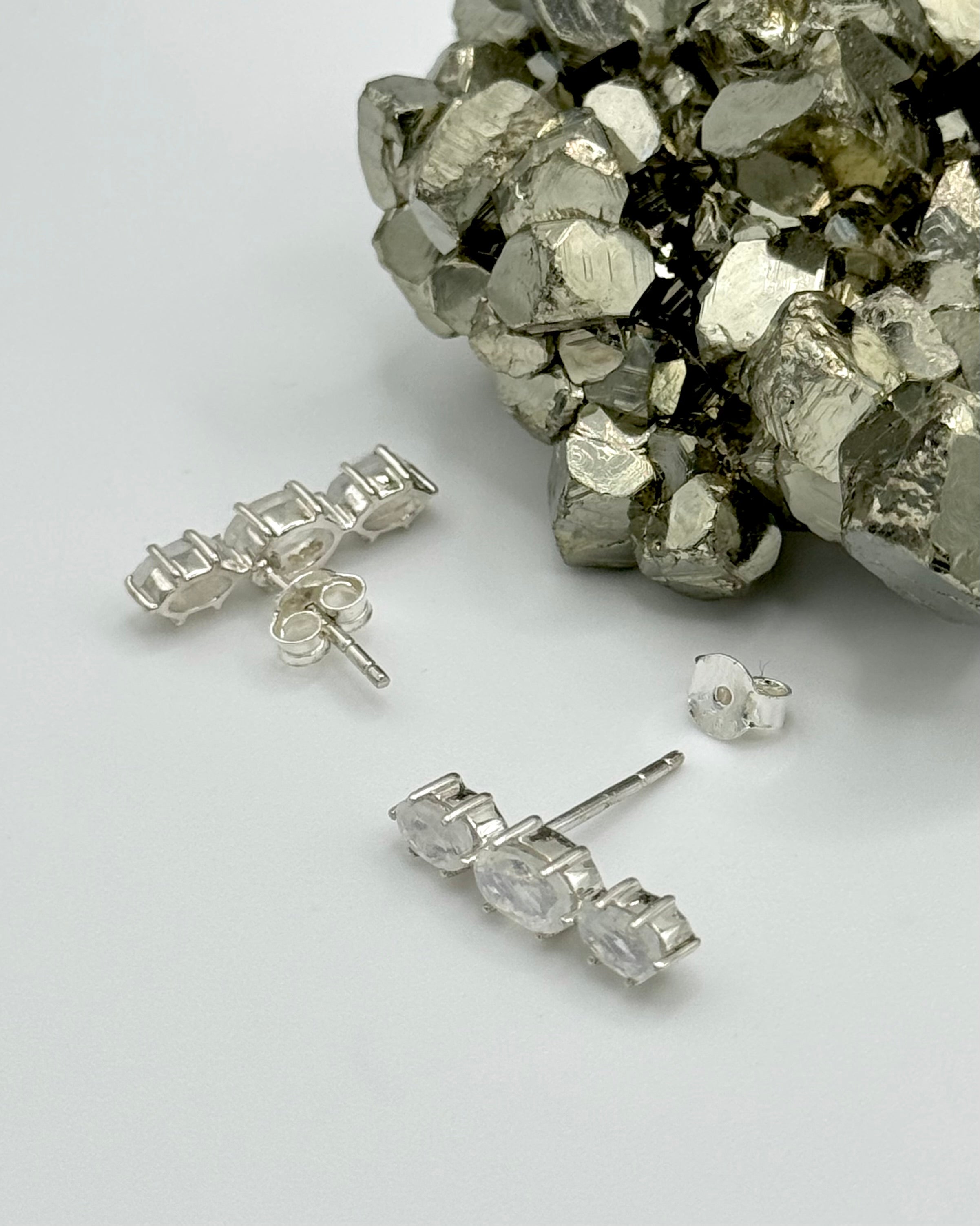 •RAINBOW MOONSTONE - FACETED TRIO• silver prong set stud earrings