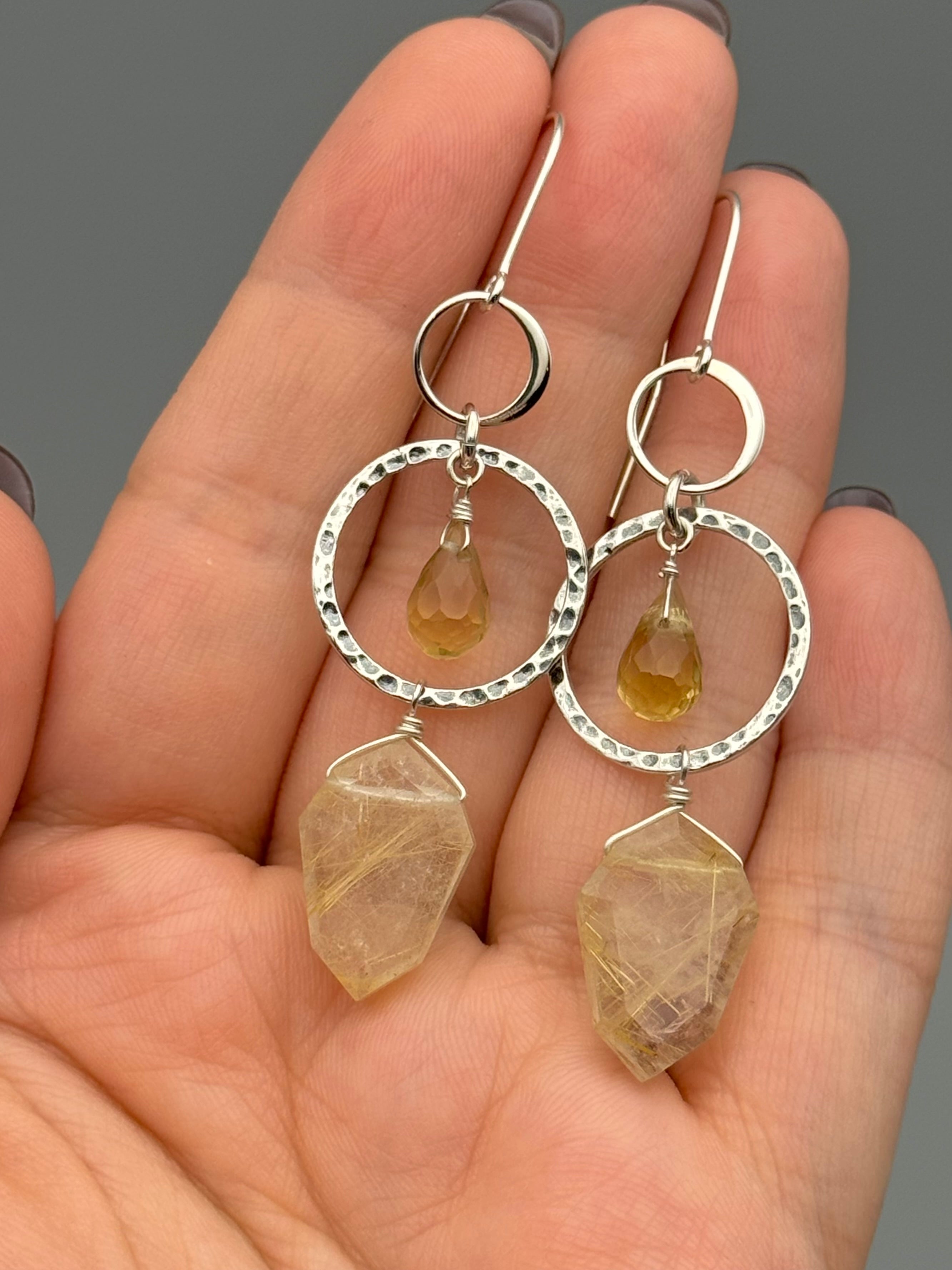 •EQUA-LUNA• lemon quartz + rutilated quartz silver earrings