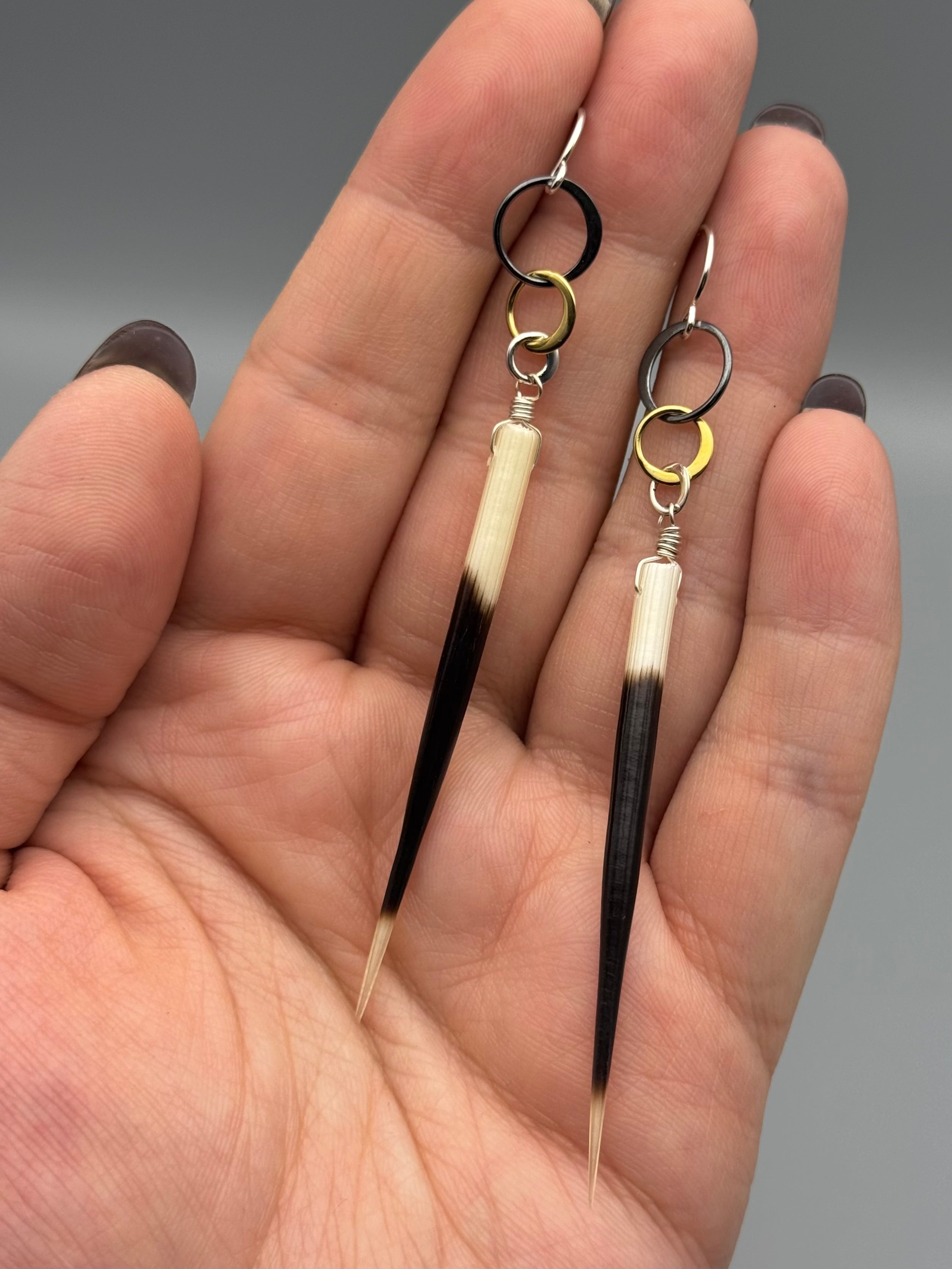 •TRIPLE HOOP• porcupine quill + mixed metal earrings