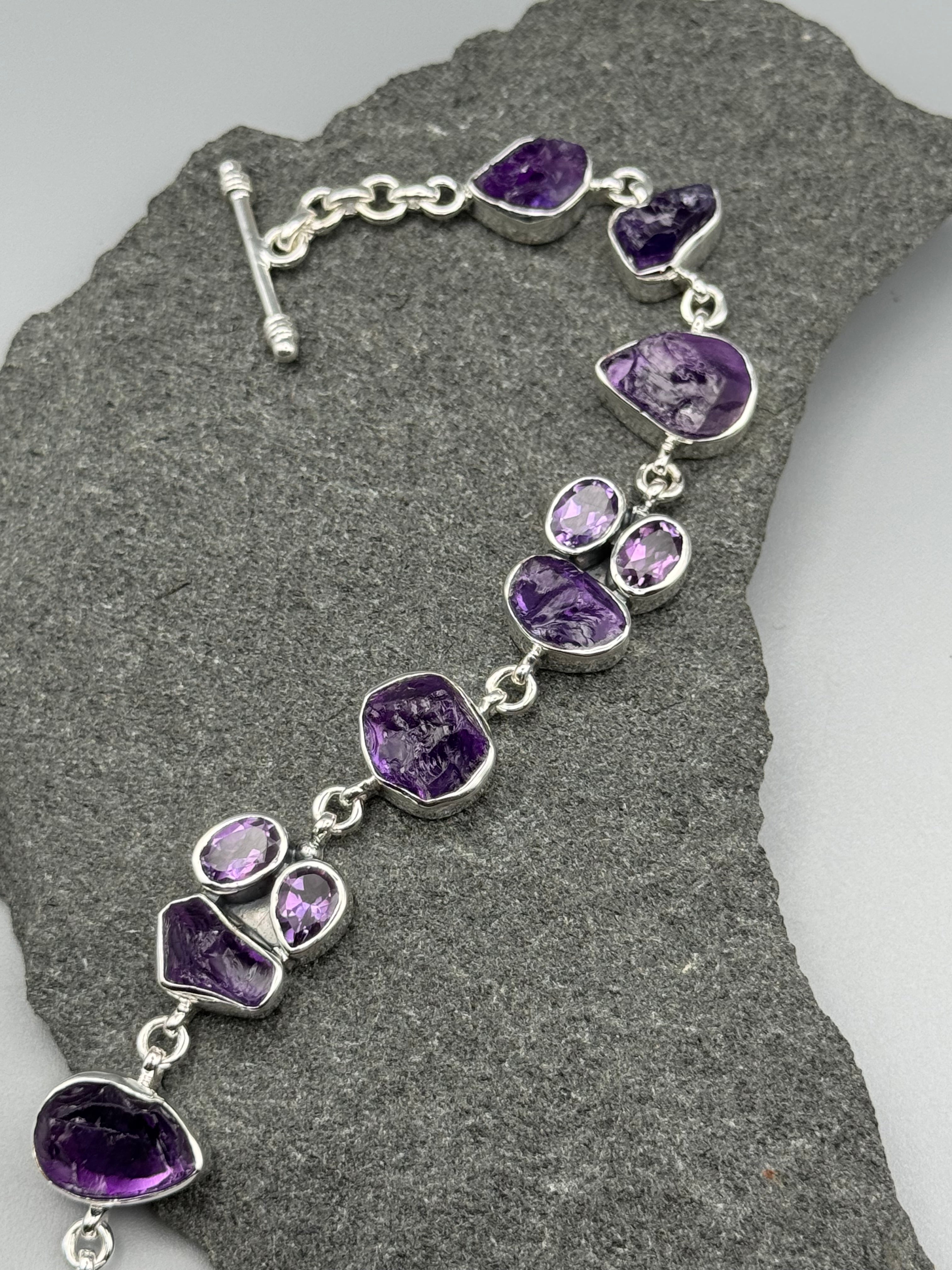 •AMETHYST - CLUSTER• linked silver bracelet (7.25" - 8.5")