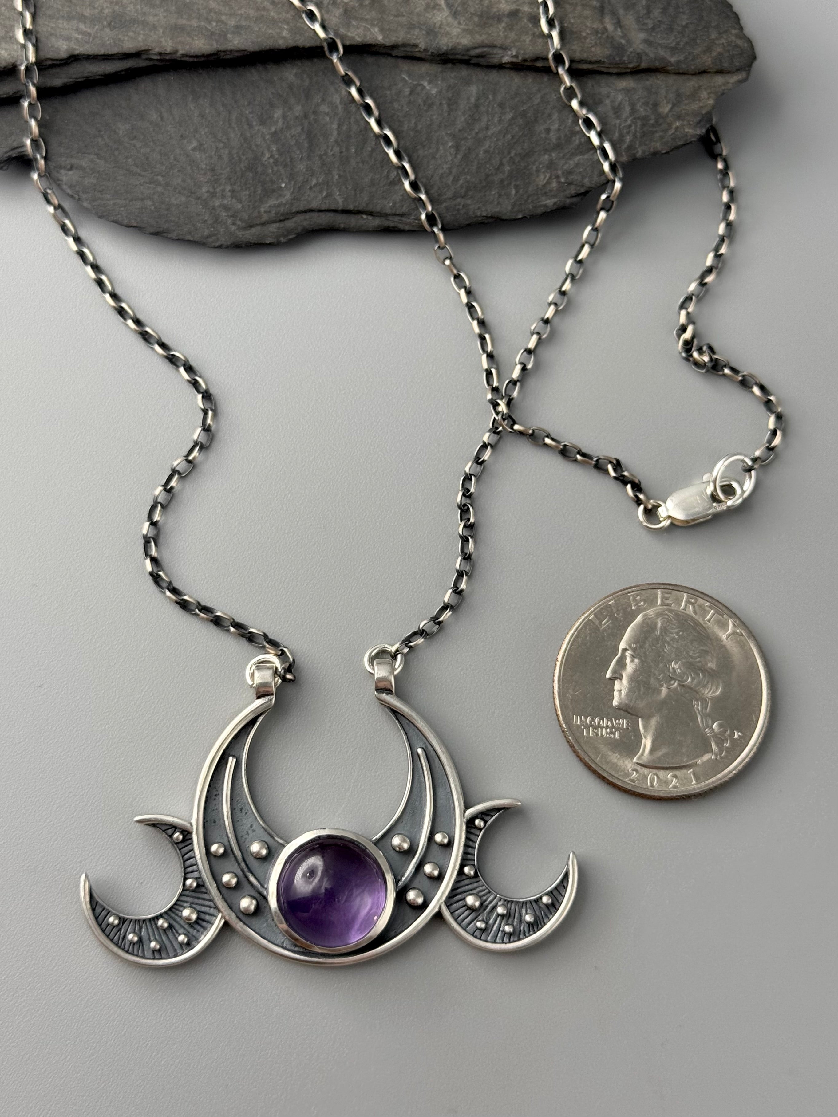 •TRIPLE MOON GODDESS• amethyst + silver necklace (18" long)
