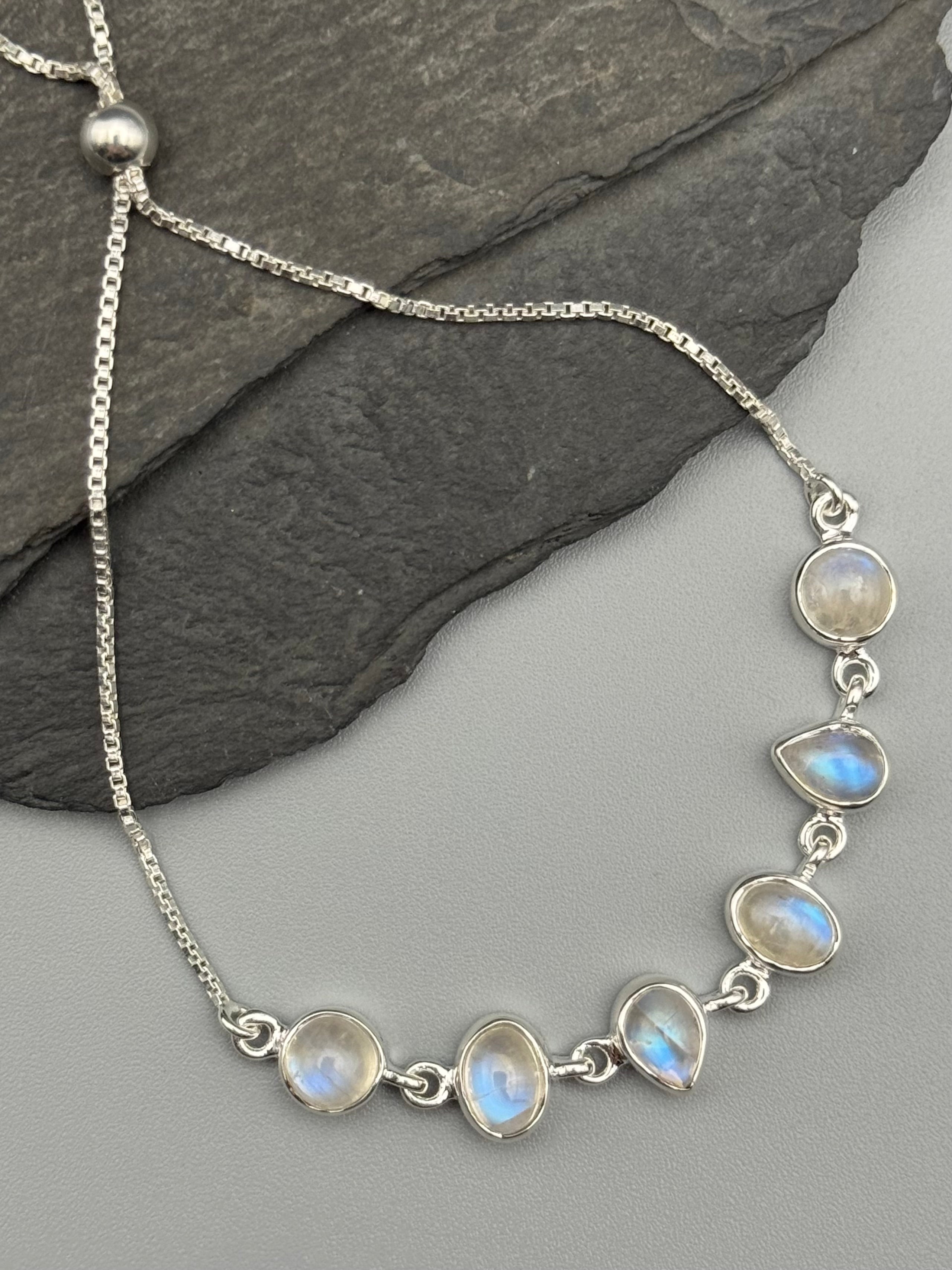 •RAINBOW MOONSTONE - GEO MIX• silver bolo bracelet (adj up to 9")