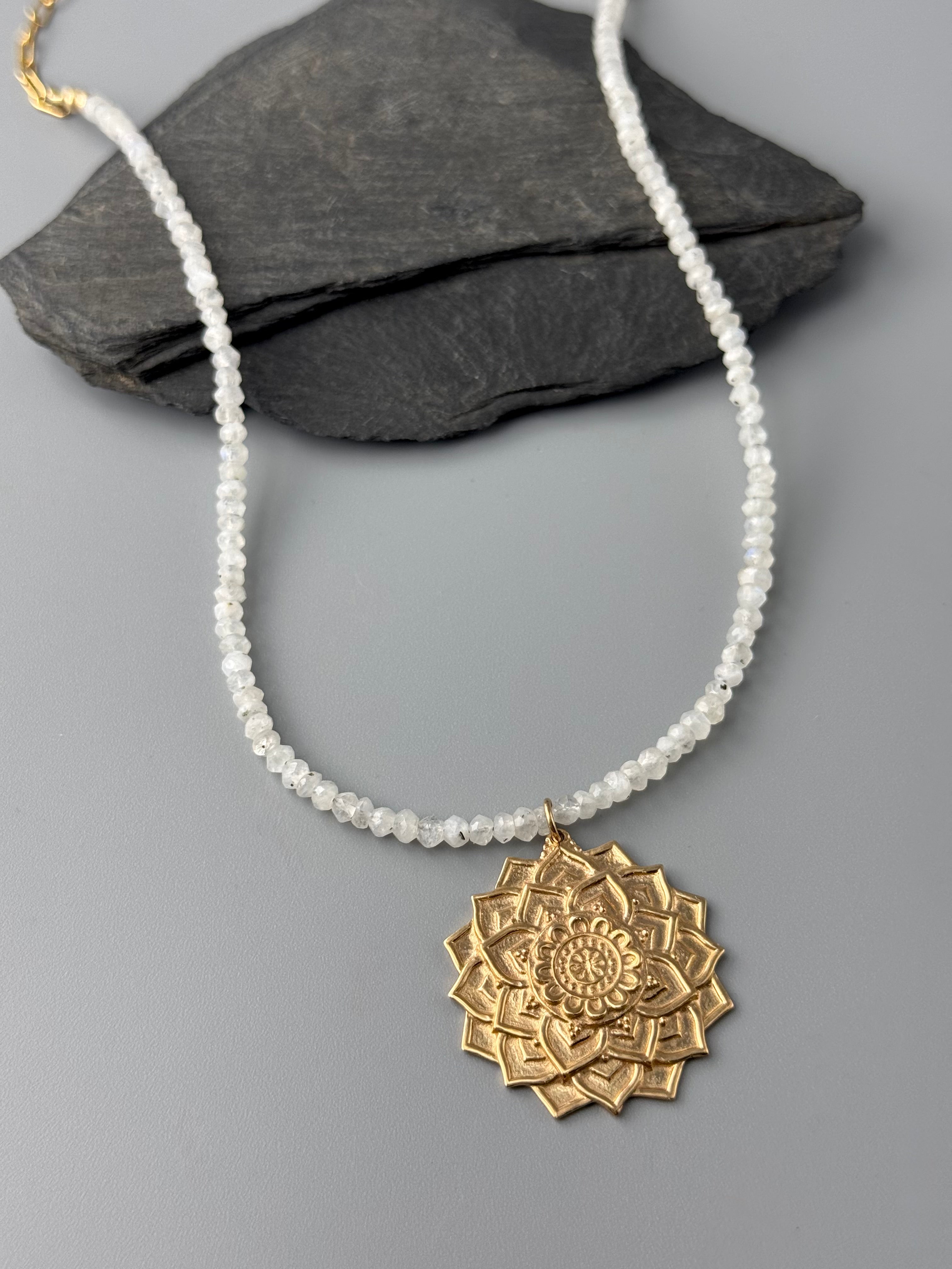 •MANDALA• rainbow moonstone + gold beaded necklace (24" long)