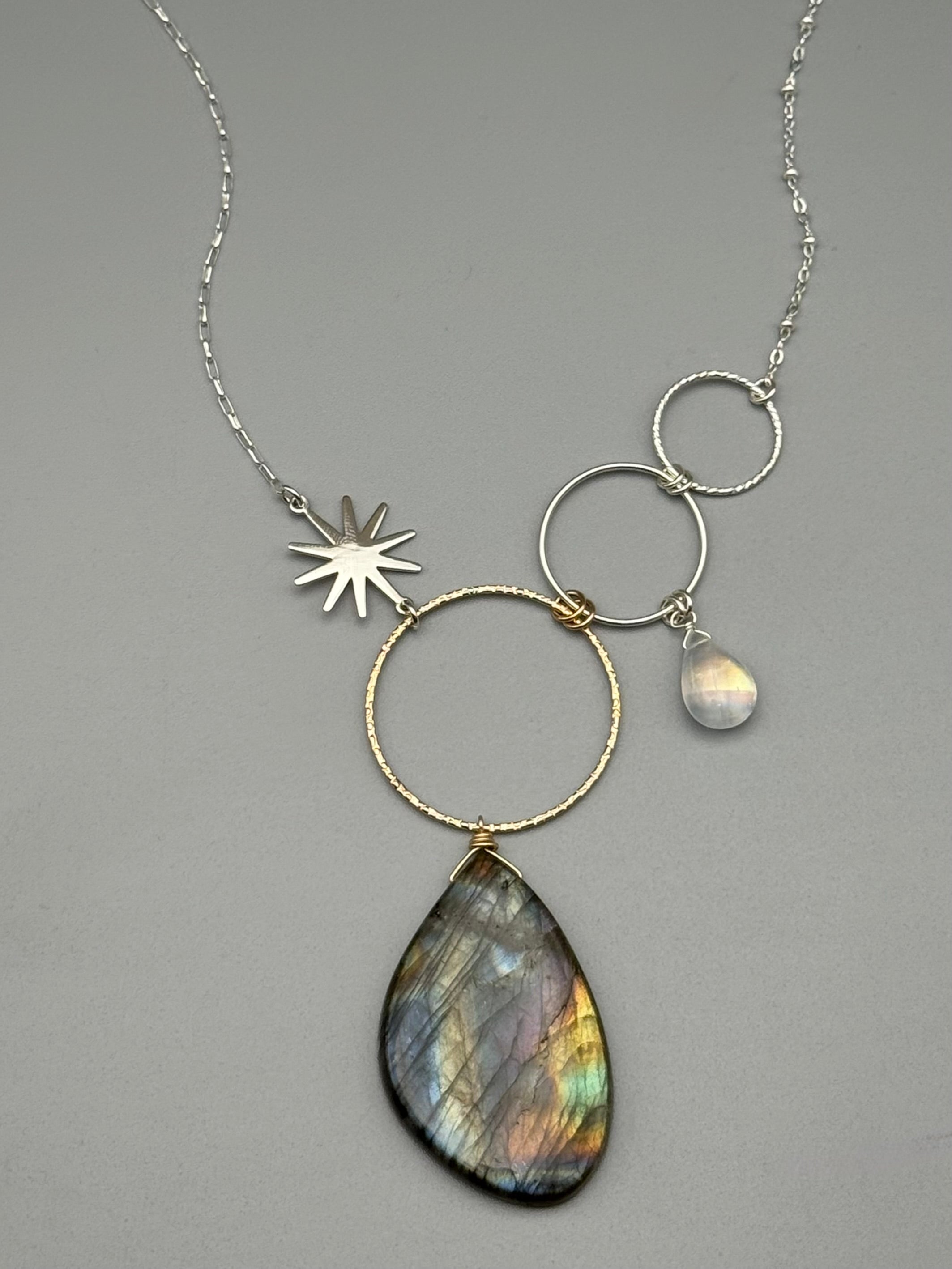 •UNION• rainbow moonstone + labradorite mixed metal necklace (16"-18" long)