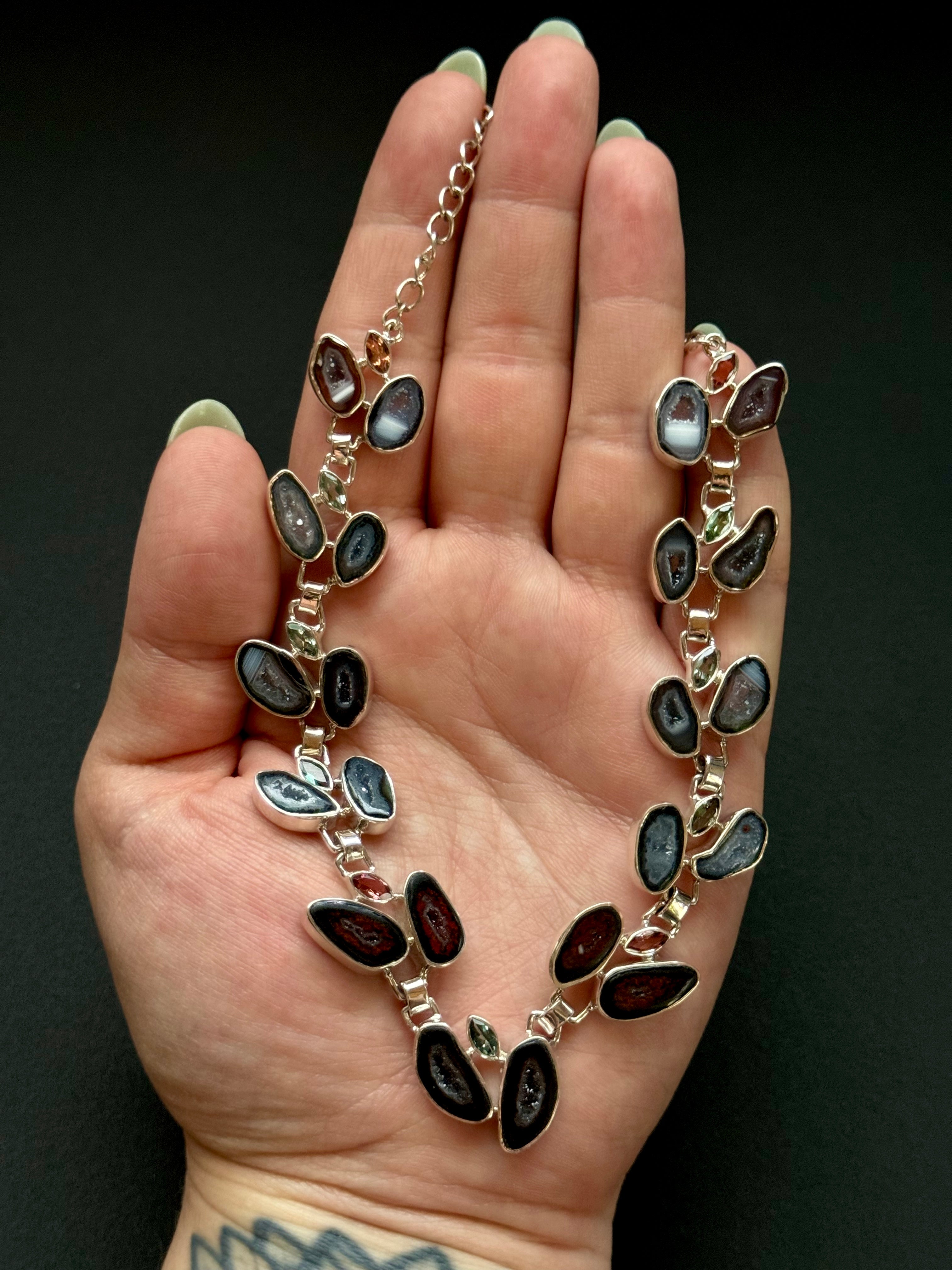 •GEODE DRUZY + TOURMALINE• multi-stone + silver necklace (ADJ to 18")