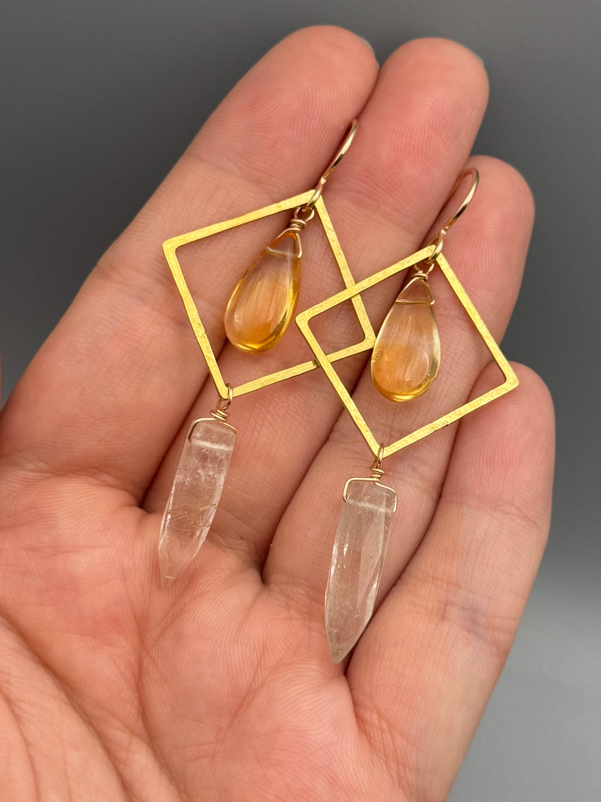 •DIAMOND DANCER• citrine + rutilated quartz gold earrings