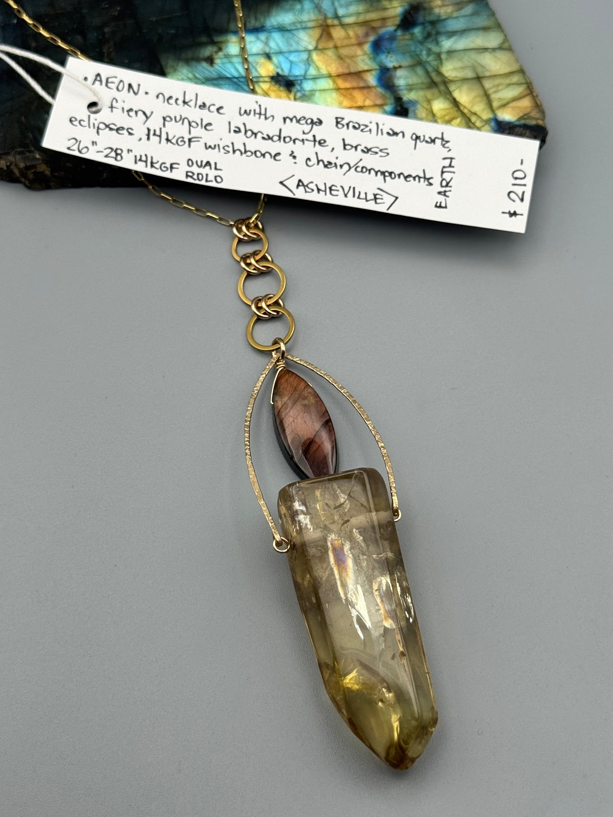 •AEON• labradorite + brazilian quartz gold necklace (26"-28" long)
