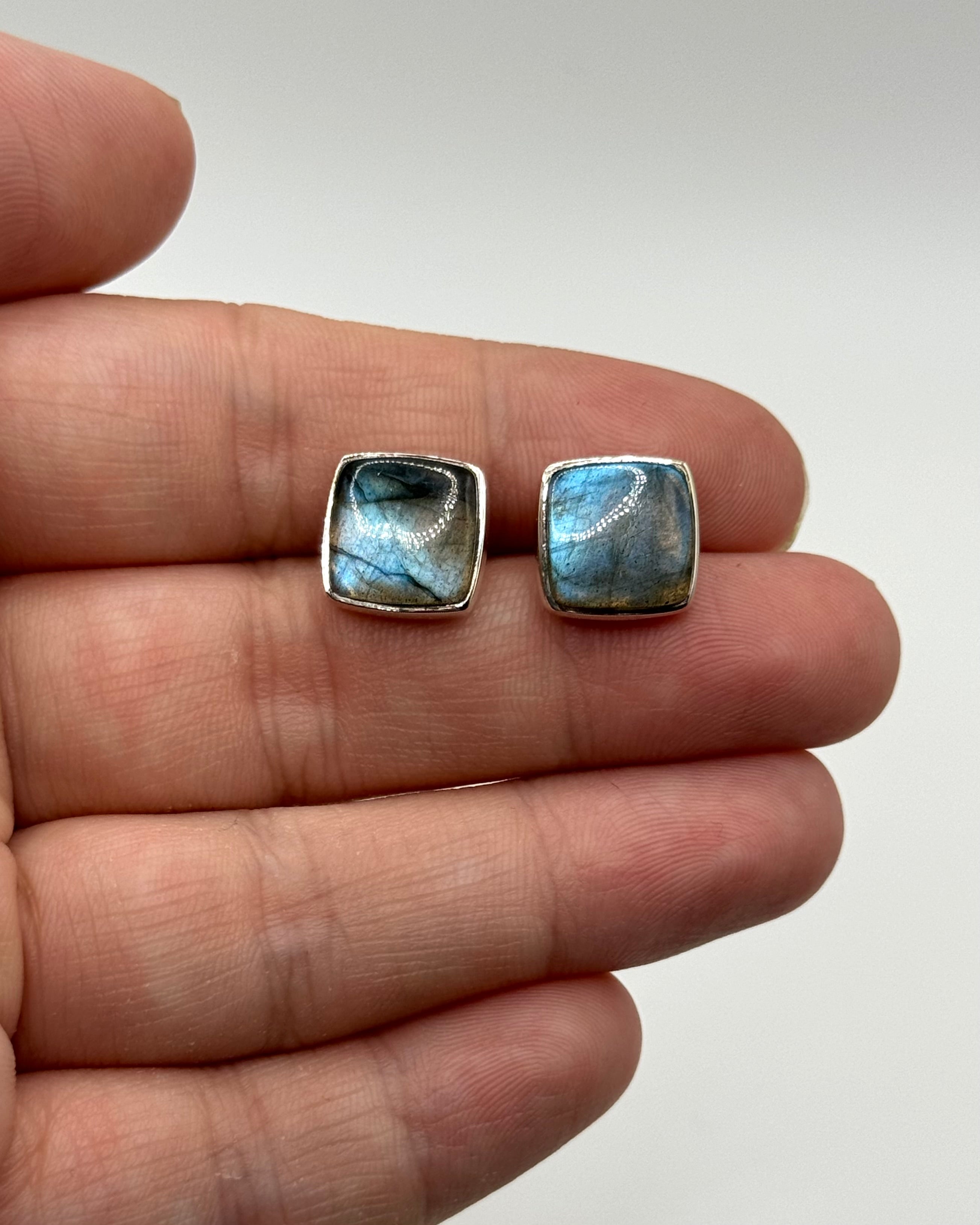 •LABRADORITE - SQUARE• silver bezel set stud earrings