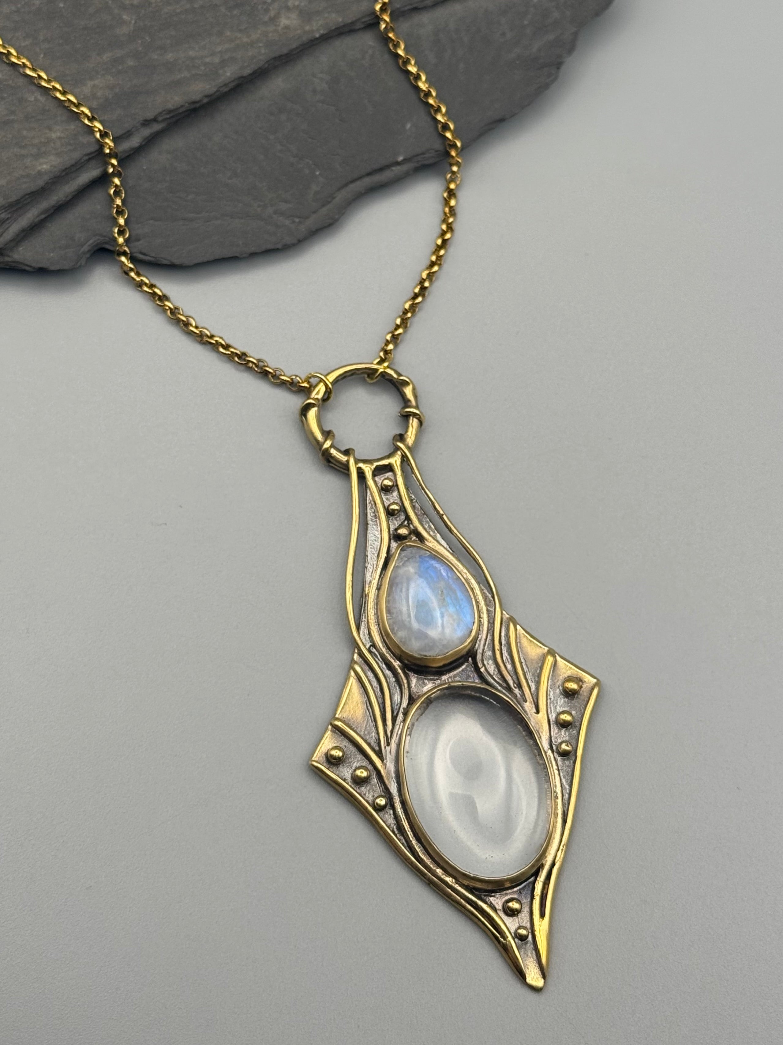 •NIMUE• rainbow moonstone + quartz gold necklace (20" long)