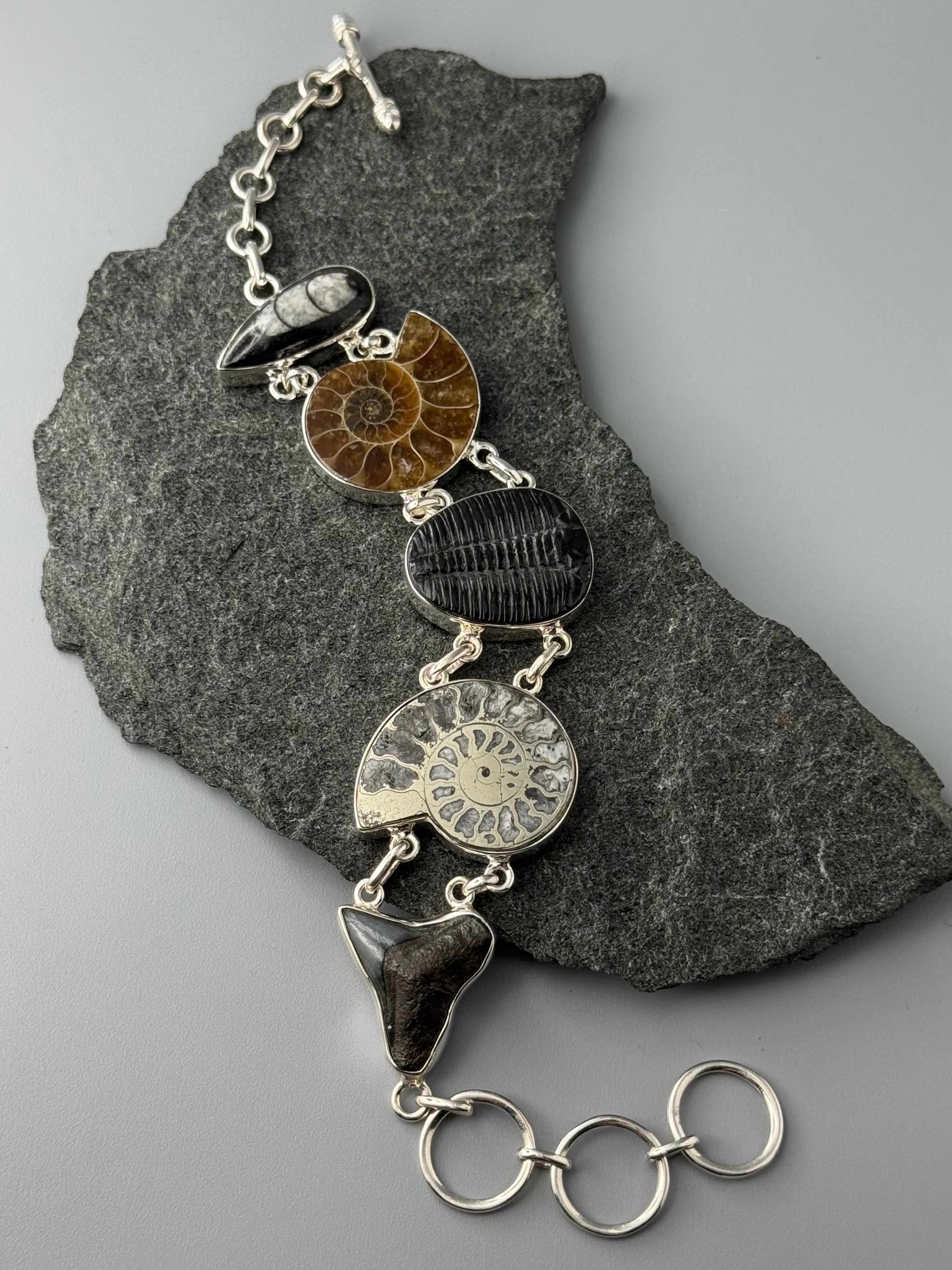 •MULTI FOSSIL• linked silver bracelet (7" - 8.5")