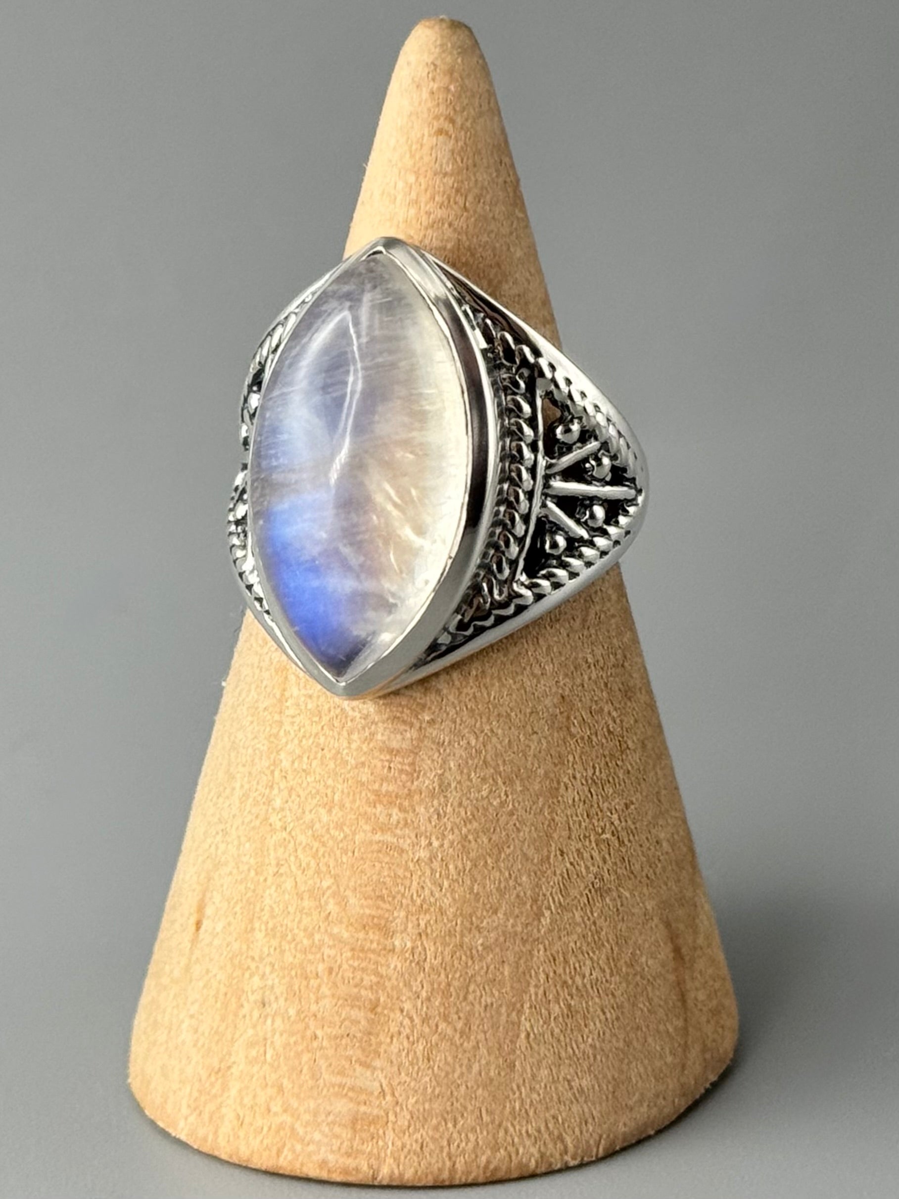 •RAINBOW MOONSTONE - MARQUISE• tapered band silver ring (size 6.25)