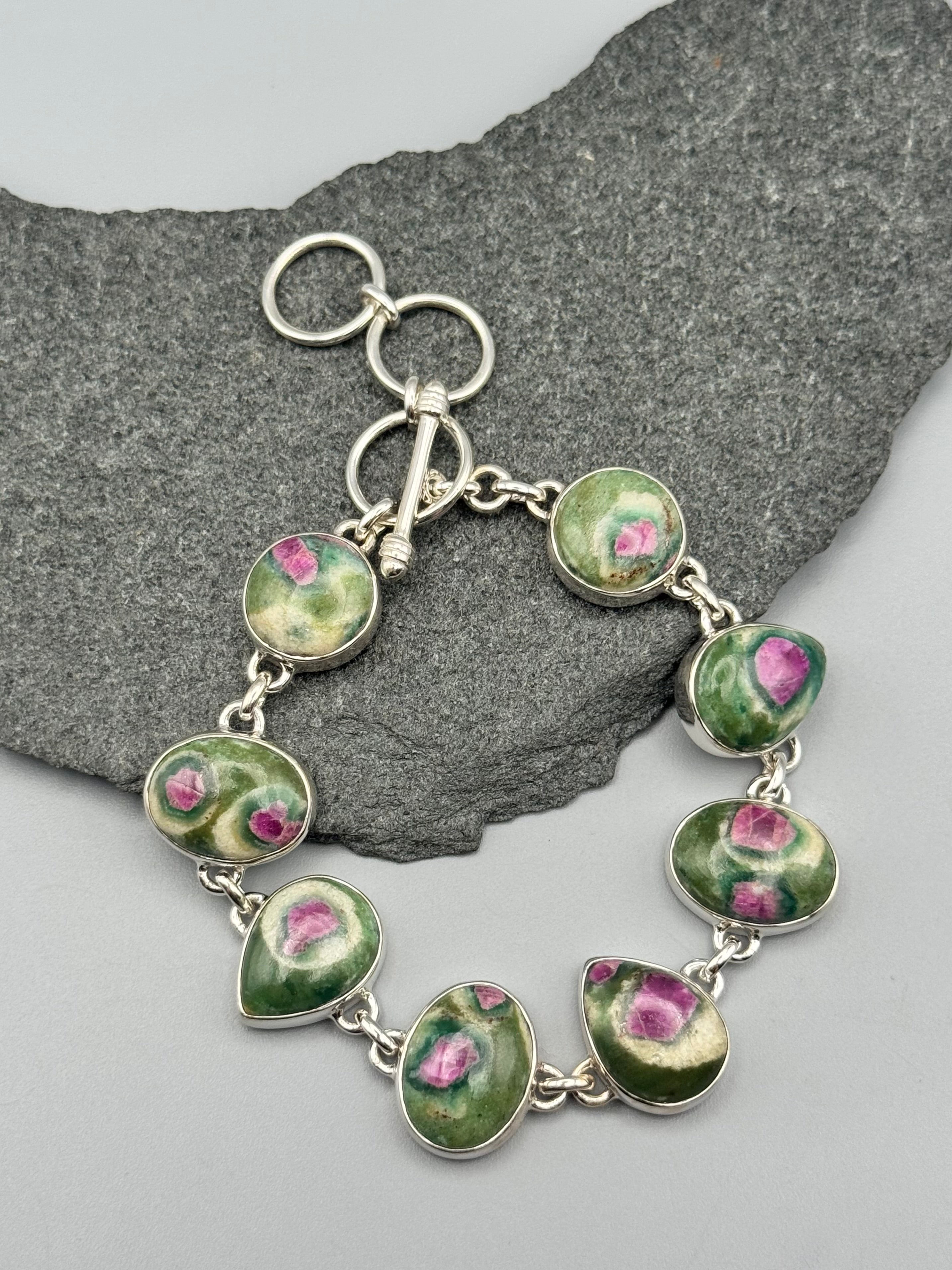 •RUBY FUCHSITE - GEO MIX• linked silver bracelet (7.25" - 8.5")