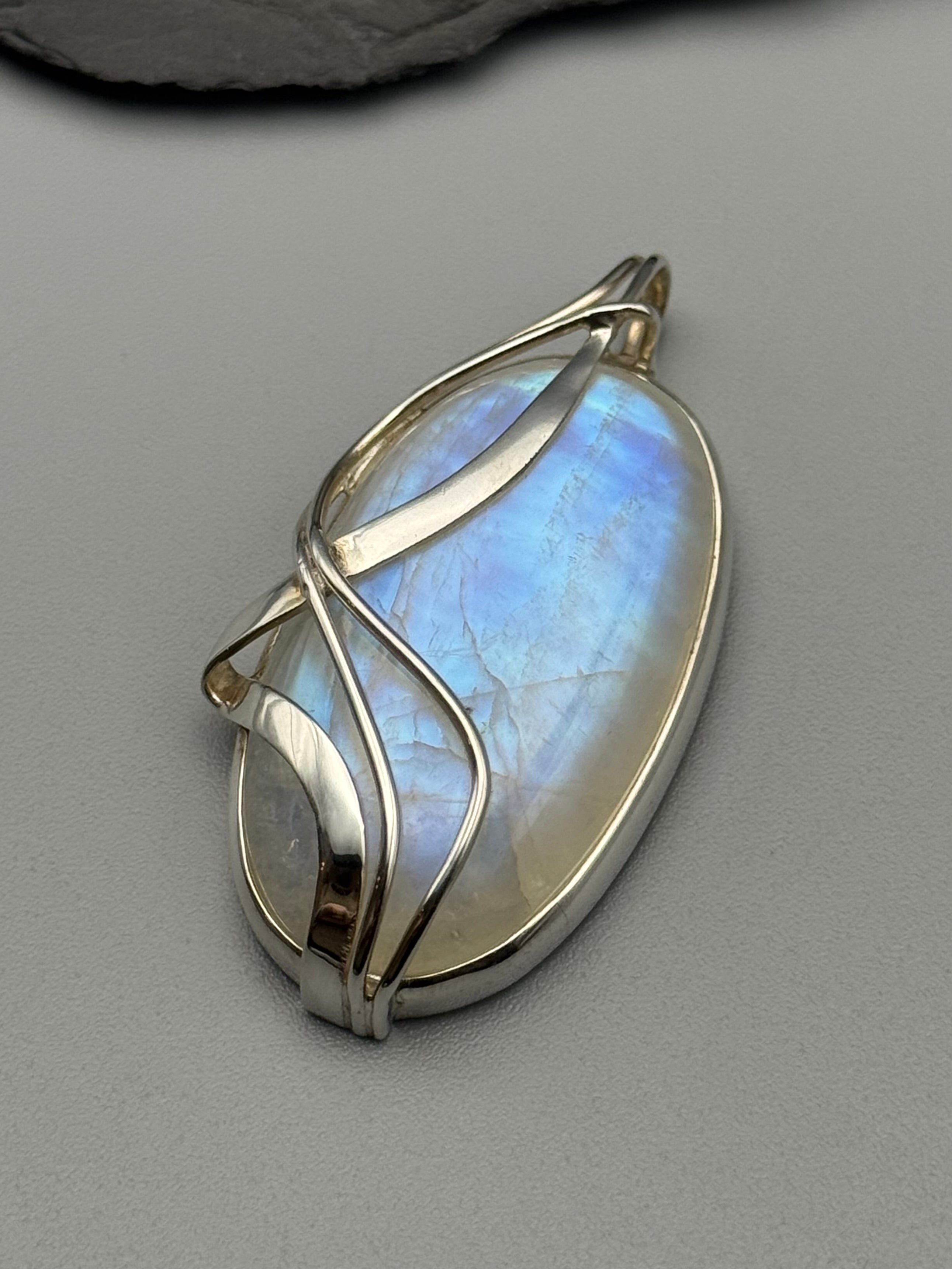 •RAINBOW MOONSTONE - WIRE WRAPPED OVAL• sterling silver pendant