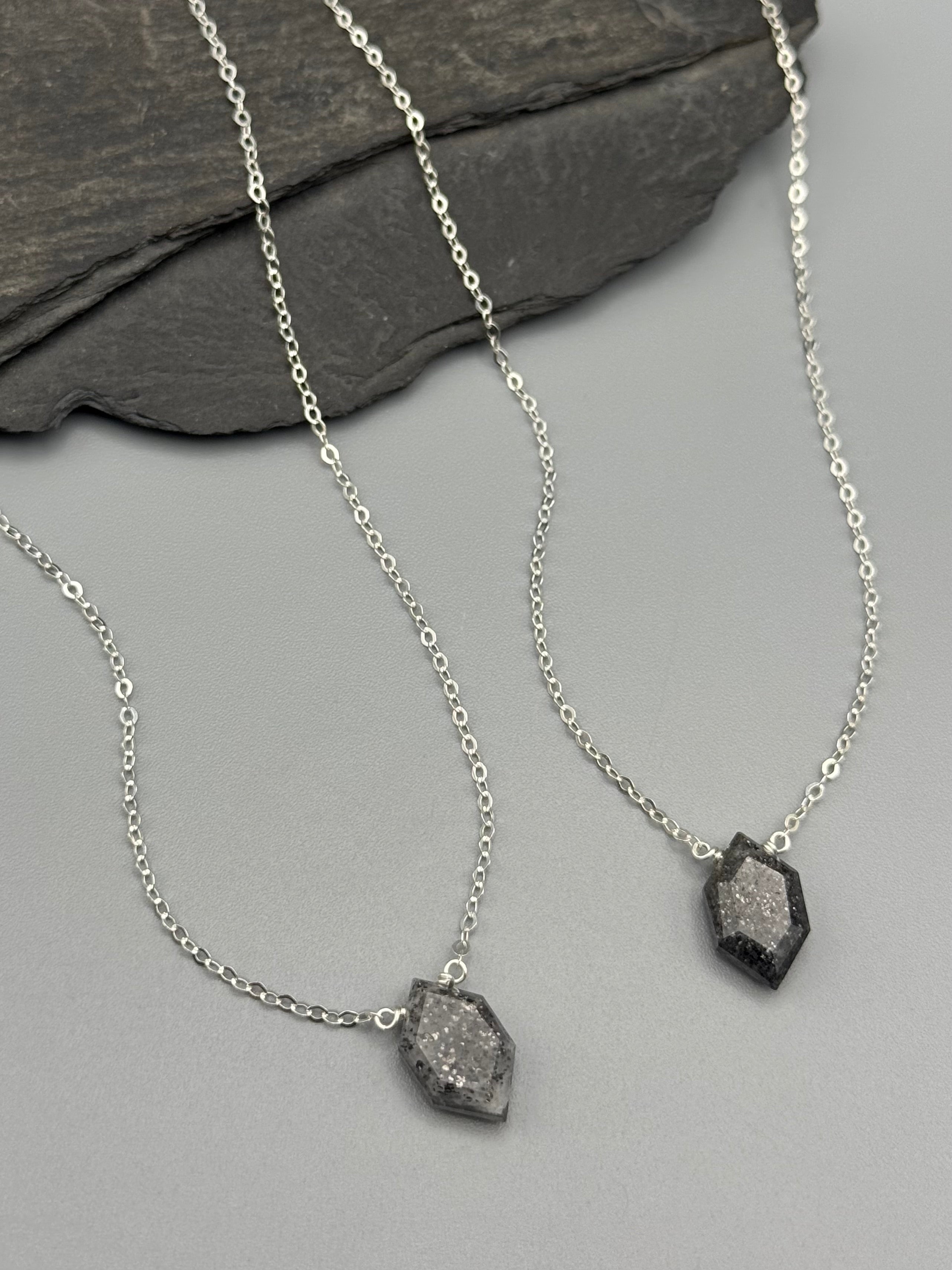 •STRAY• faceted black aventurine lil' hex + silver necklace (various lengths)