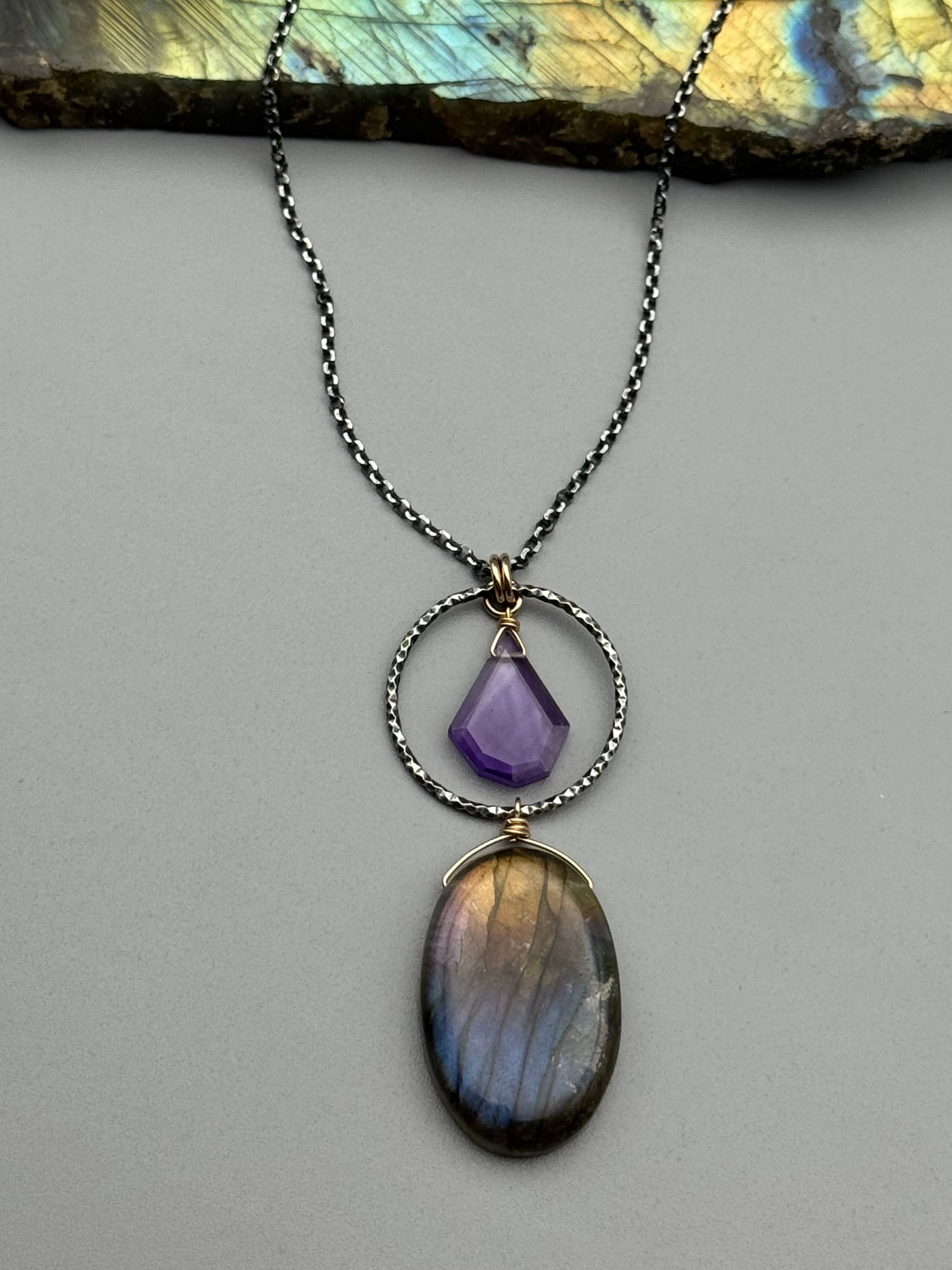 •LUNA• amethyst + labradorite mixed metal necklace (16"-18" long)