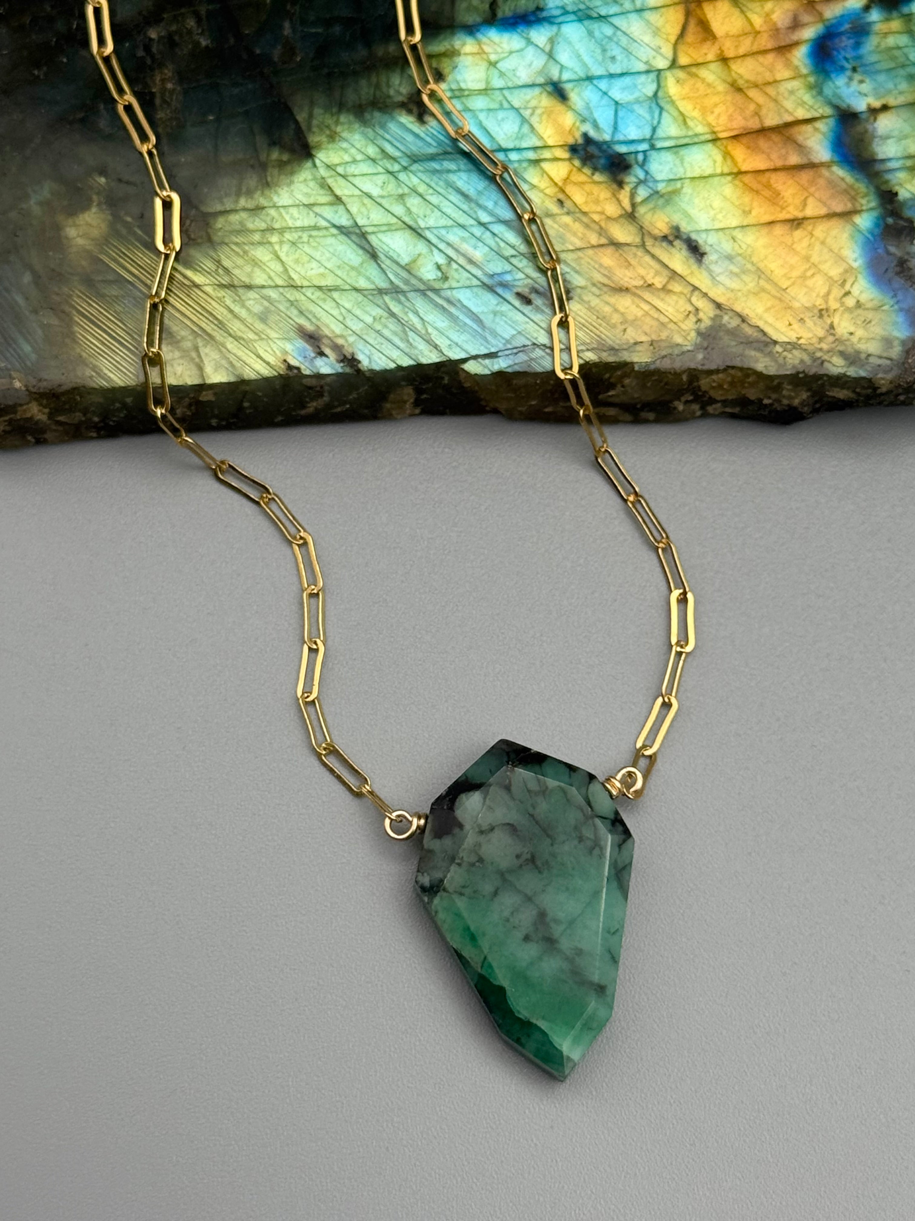•AEON• emerald petal + gold necklace (18"-20" long)