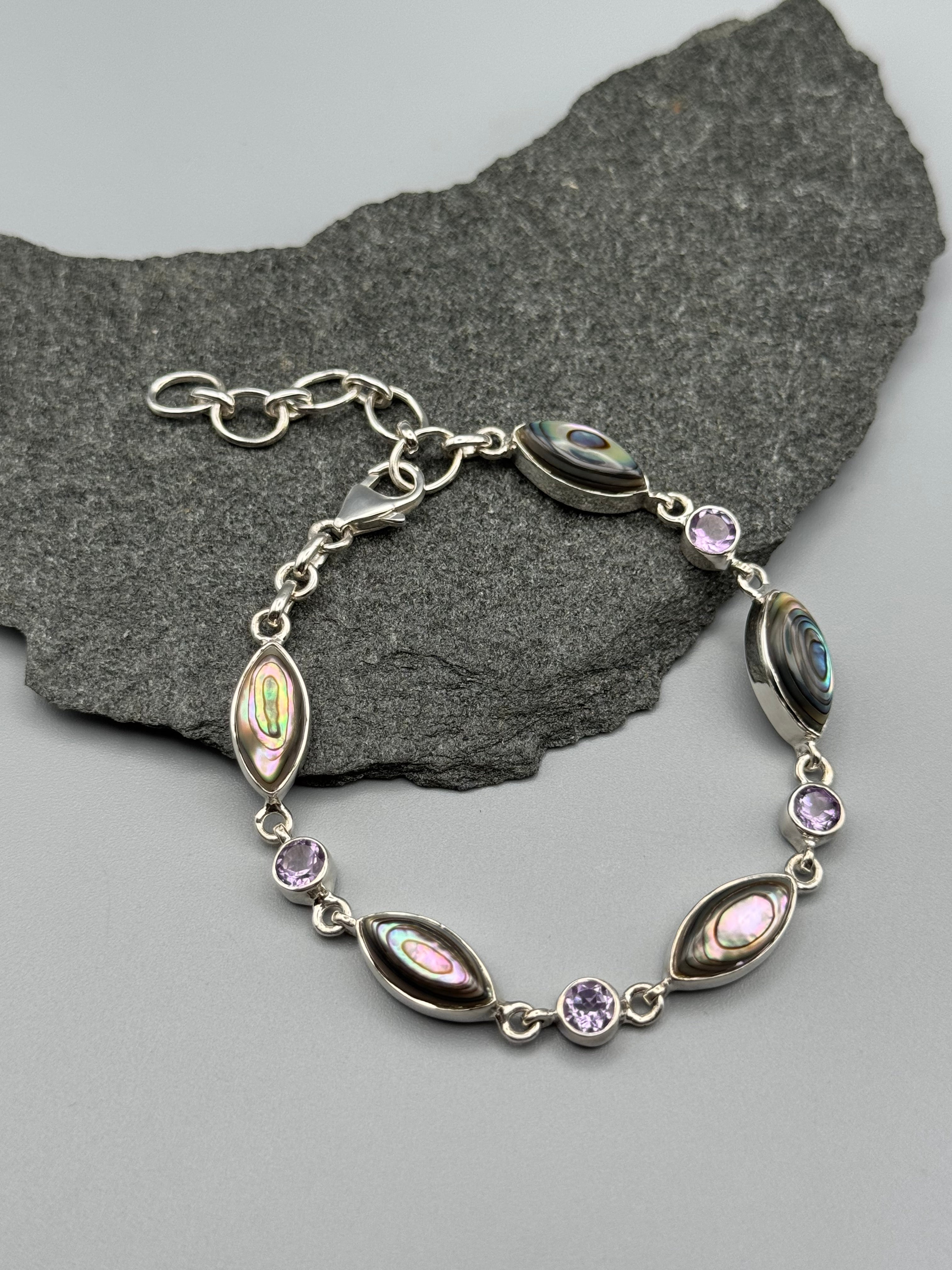 •ABALONE + AMETHYST• linked silver bracelet (7.25" - 9")