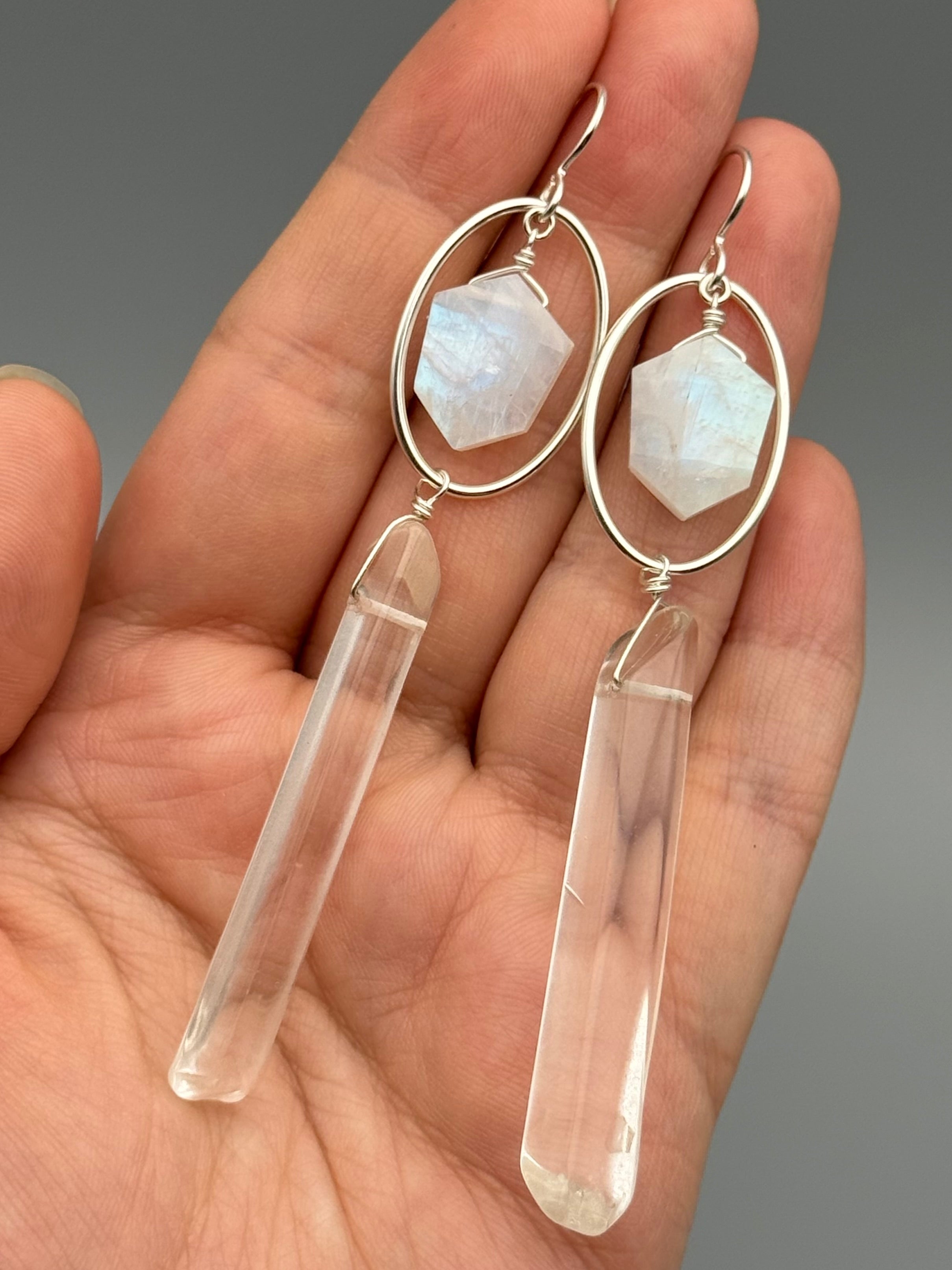 •LUNA• rainbow moonstone + quartz point silver earrings