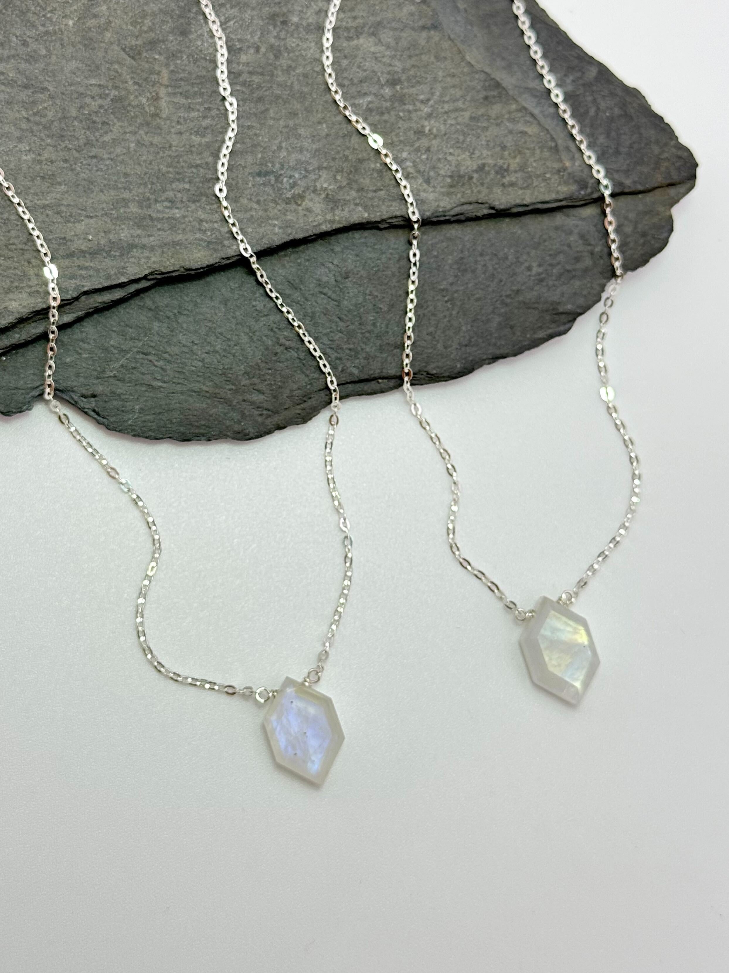 •STRAY• faceted rainbow moonstone lil' hex + silver necklace (various lengths)