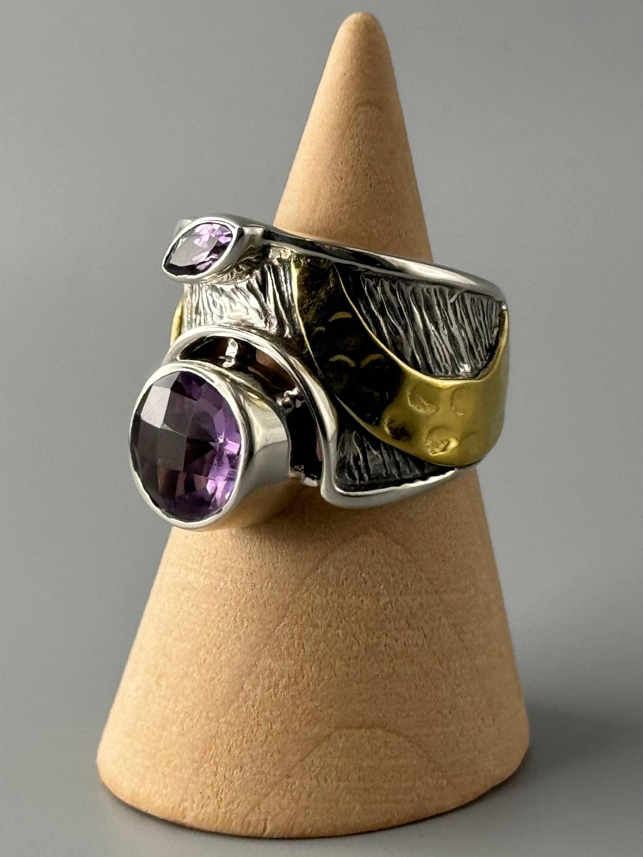 •FACETED AMETHYST - THE CROSSING• wide band mixed metal ring (various sizes)