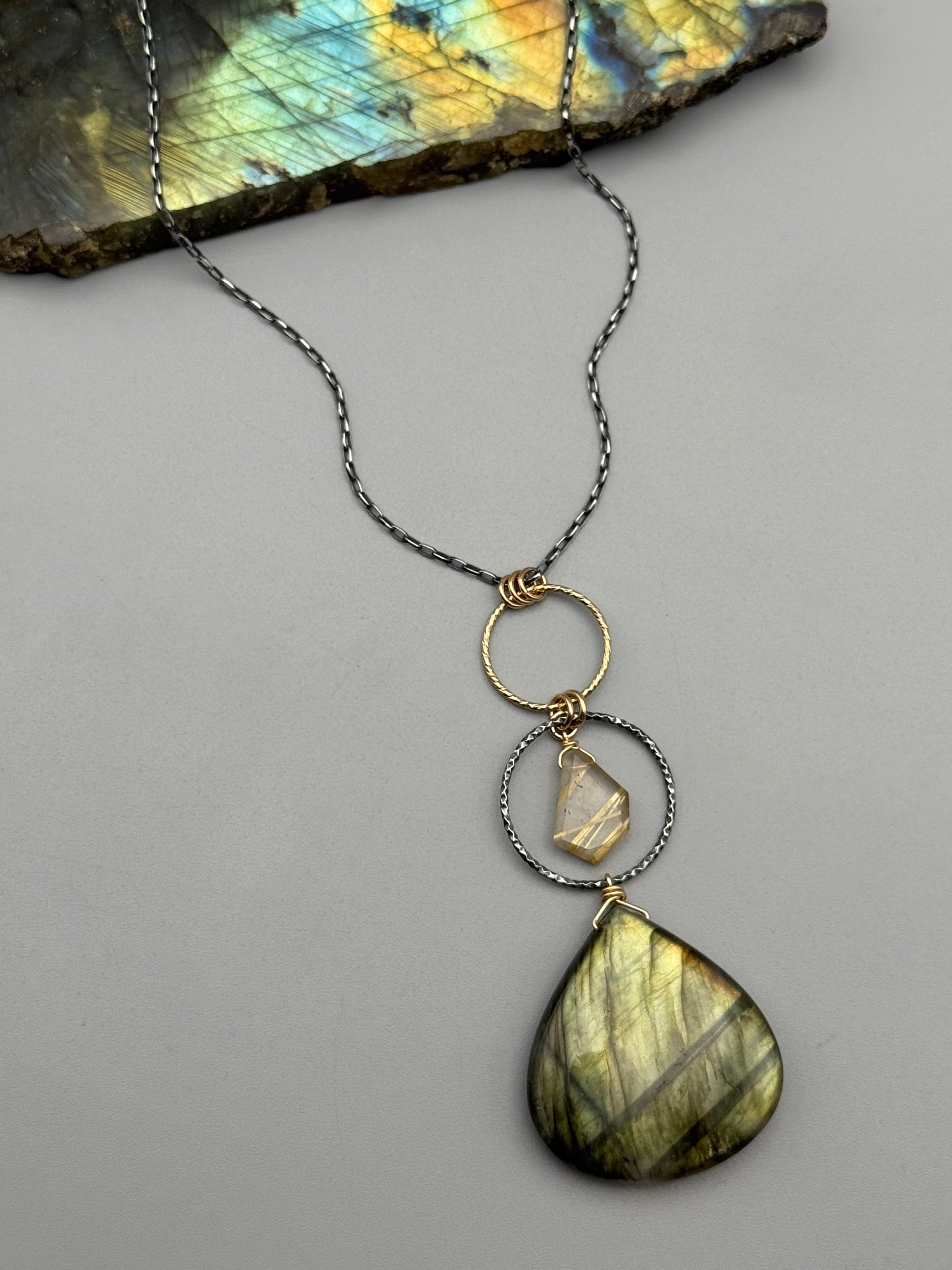 •NYX• rutilated quartz + labradorite mixed metal necklace (26"-28" long)