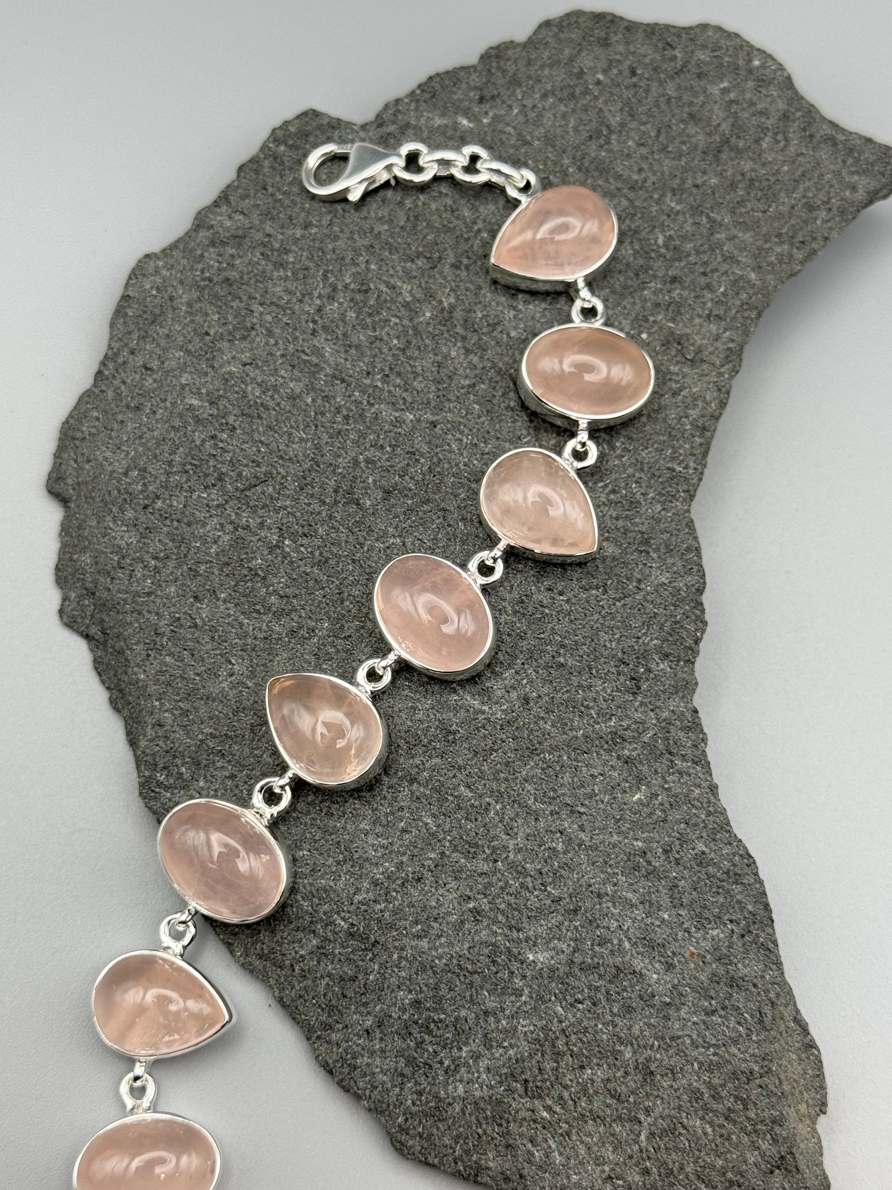 •ROSE QUARTZ - GEO MIX• linked silver bracelet (7" - 9")