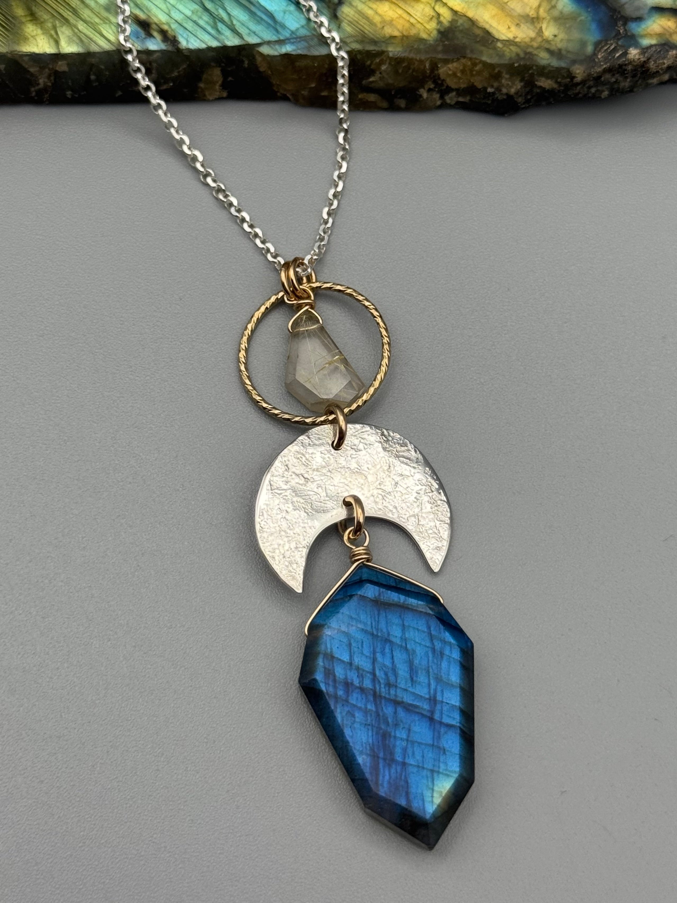 •NYX• rutilated quartz + labradorite mixed metal necklace (18"-20" long)