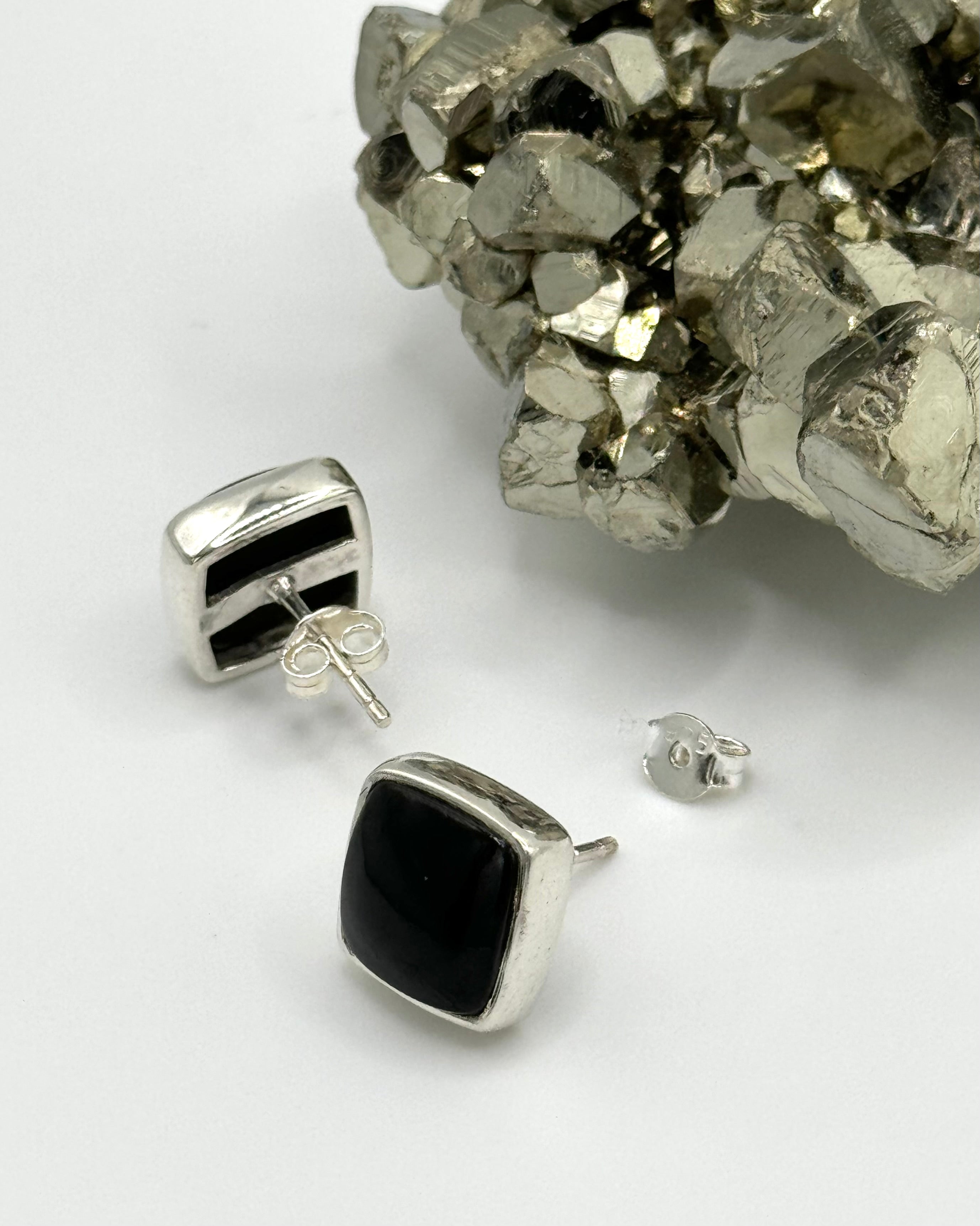 •BLACK TOURMALINE - SQUARE• silver bezel set stud earrings