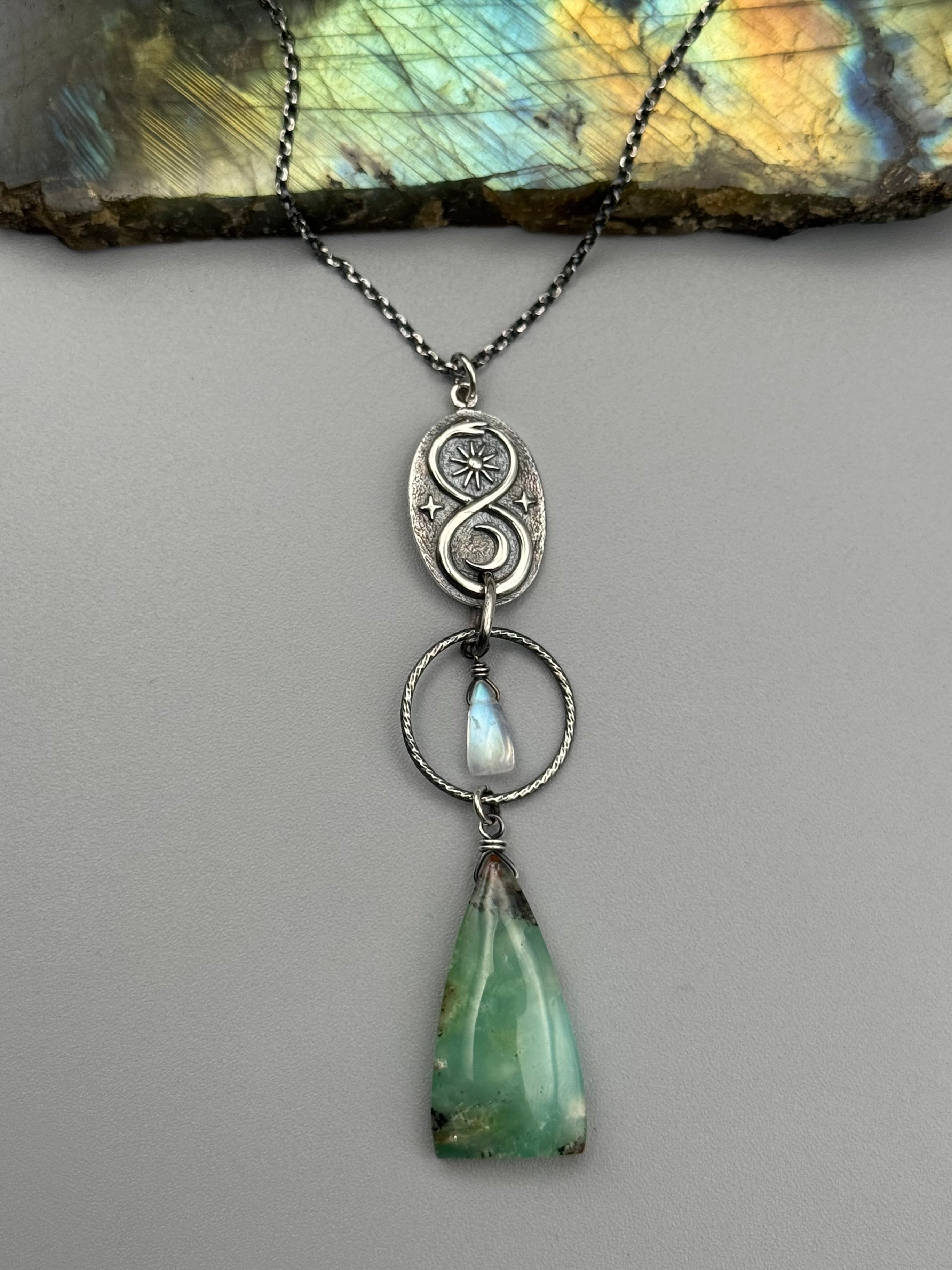 •NĀGA• rainbow moonstone + chrysoprase silver necklace (18"-20" long)