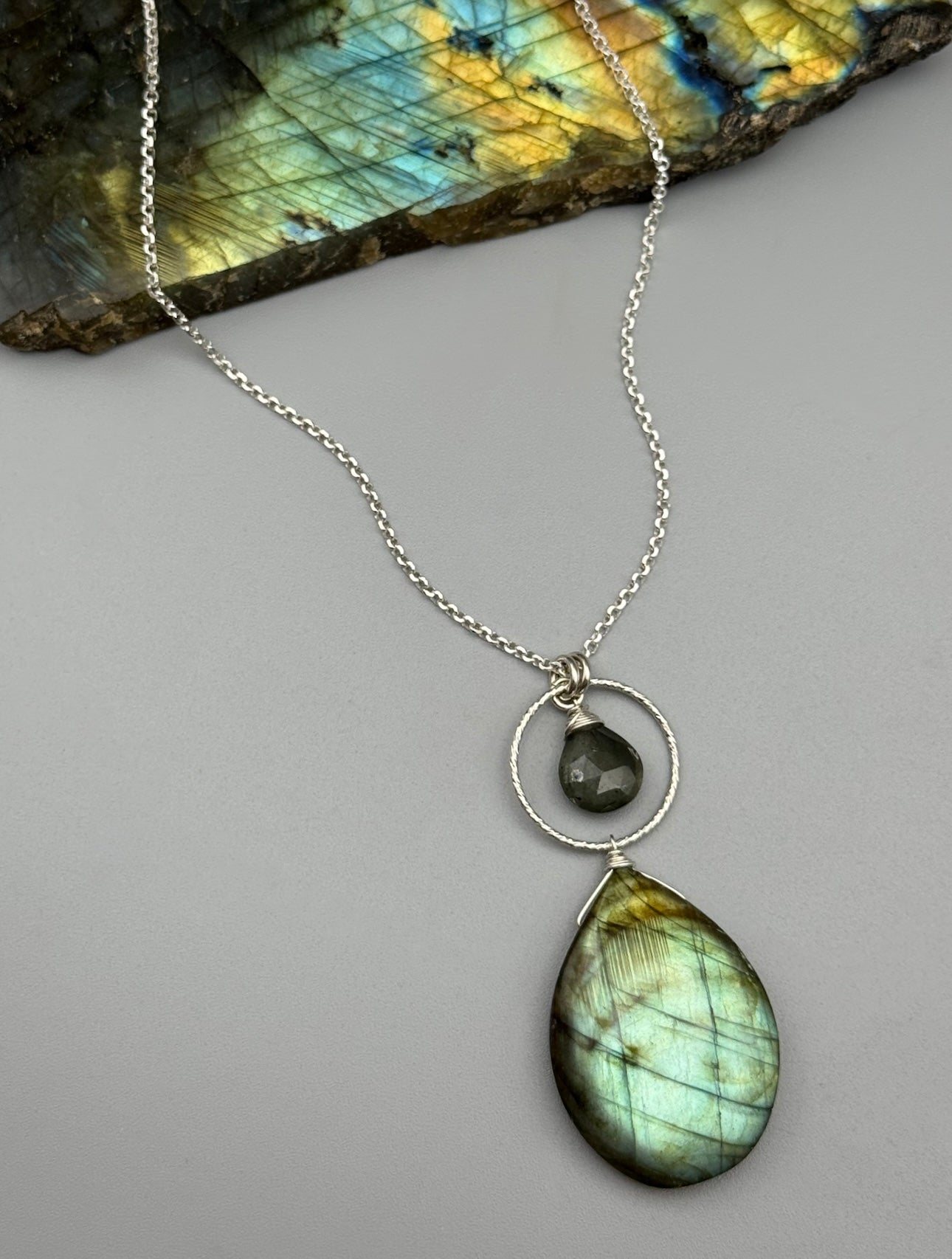 •LUNA• moss aquamarine + labradorite silver necklace (18"-20" long)
