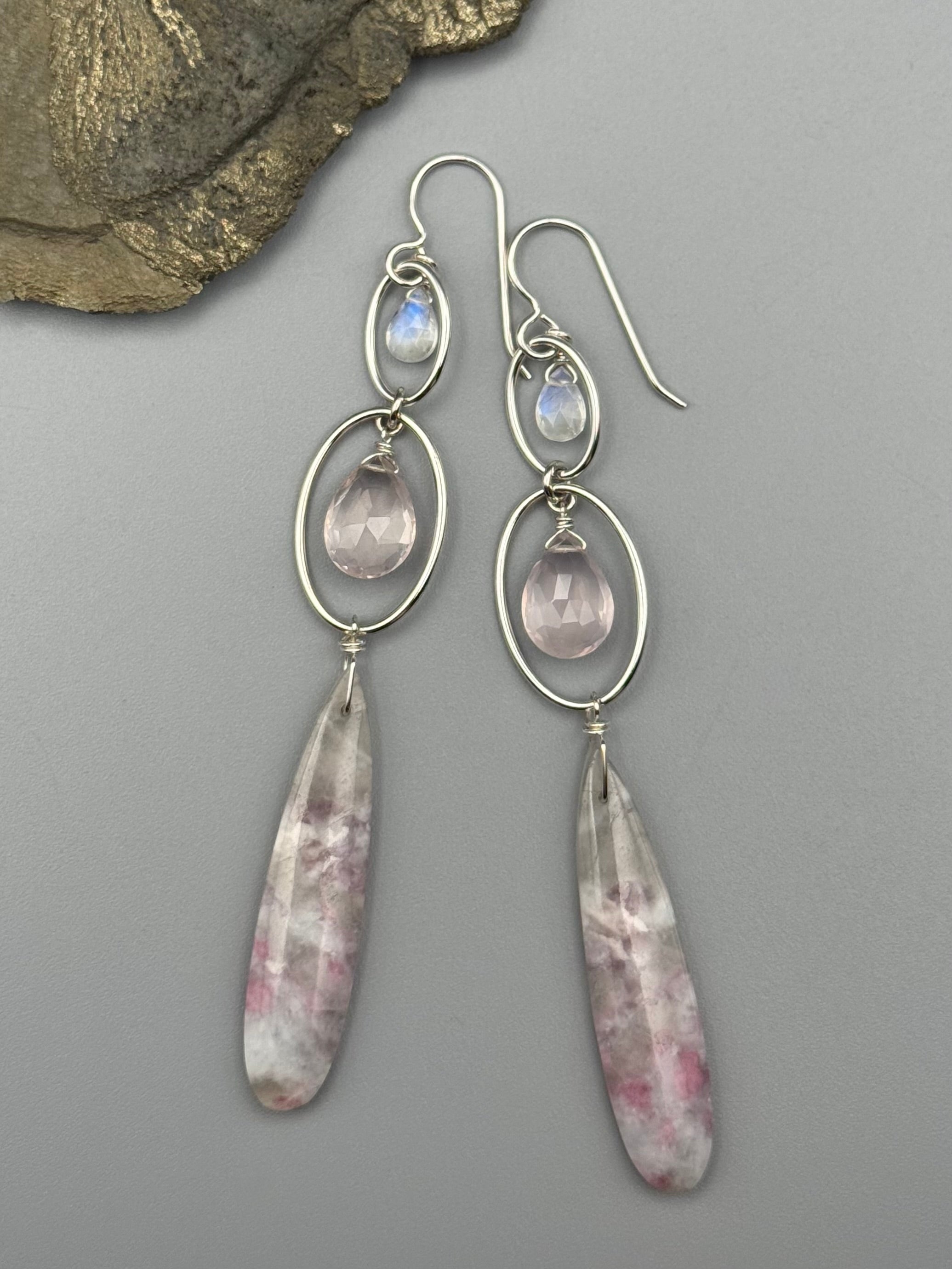 •4 OF CUPS• moonstone, rose quartz, + lepidolite silver earrings