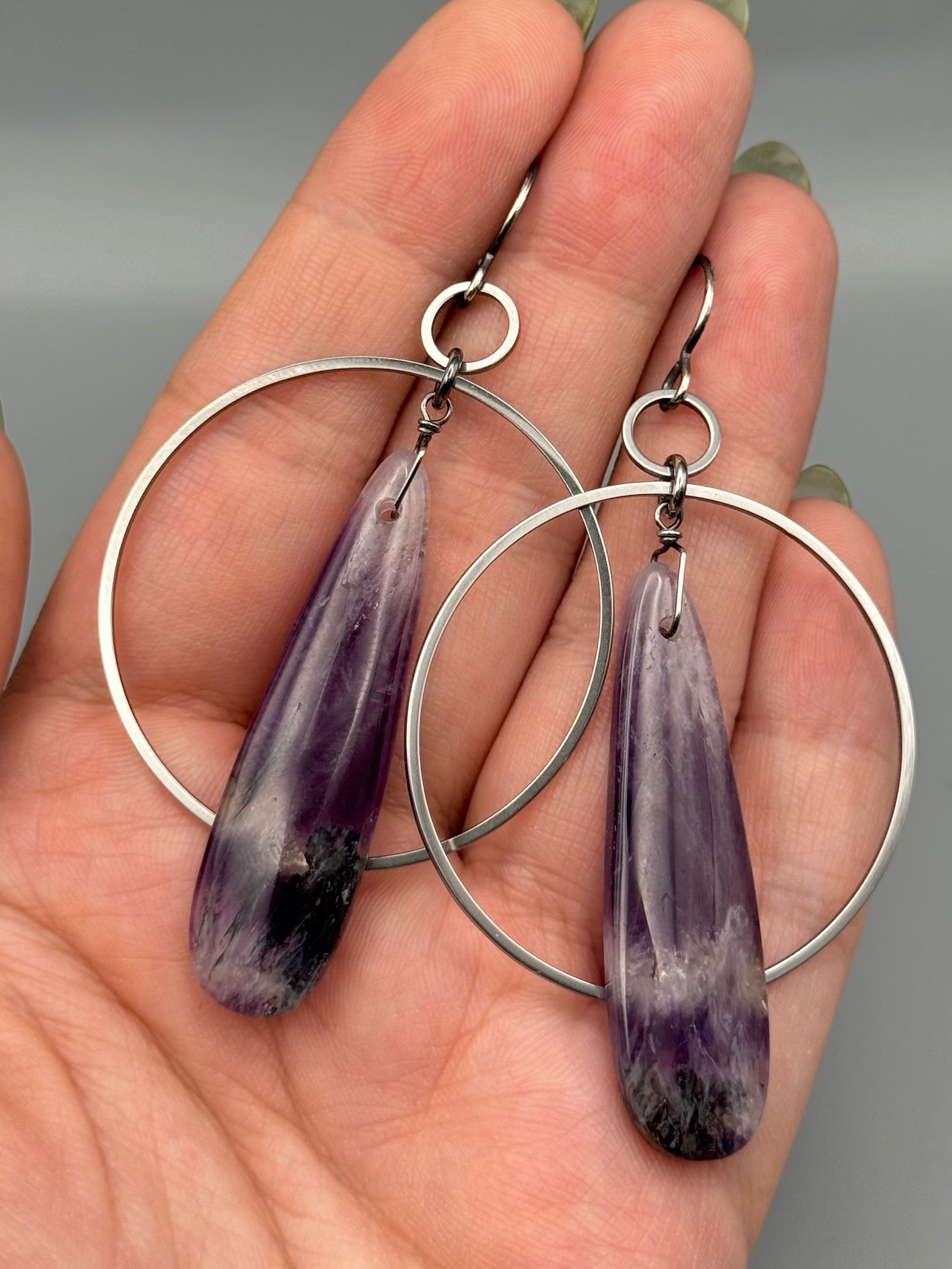 •EQUA-ORBIT• chevron amethyst tear + silver earrings