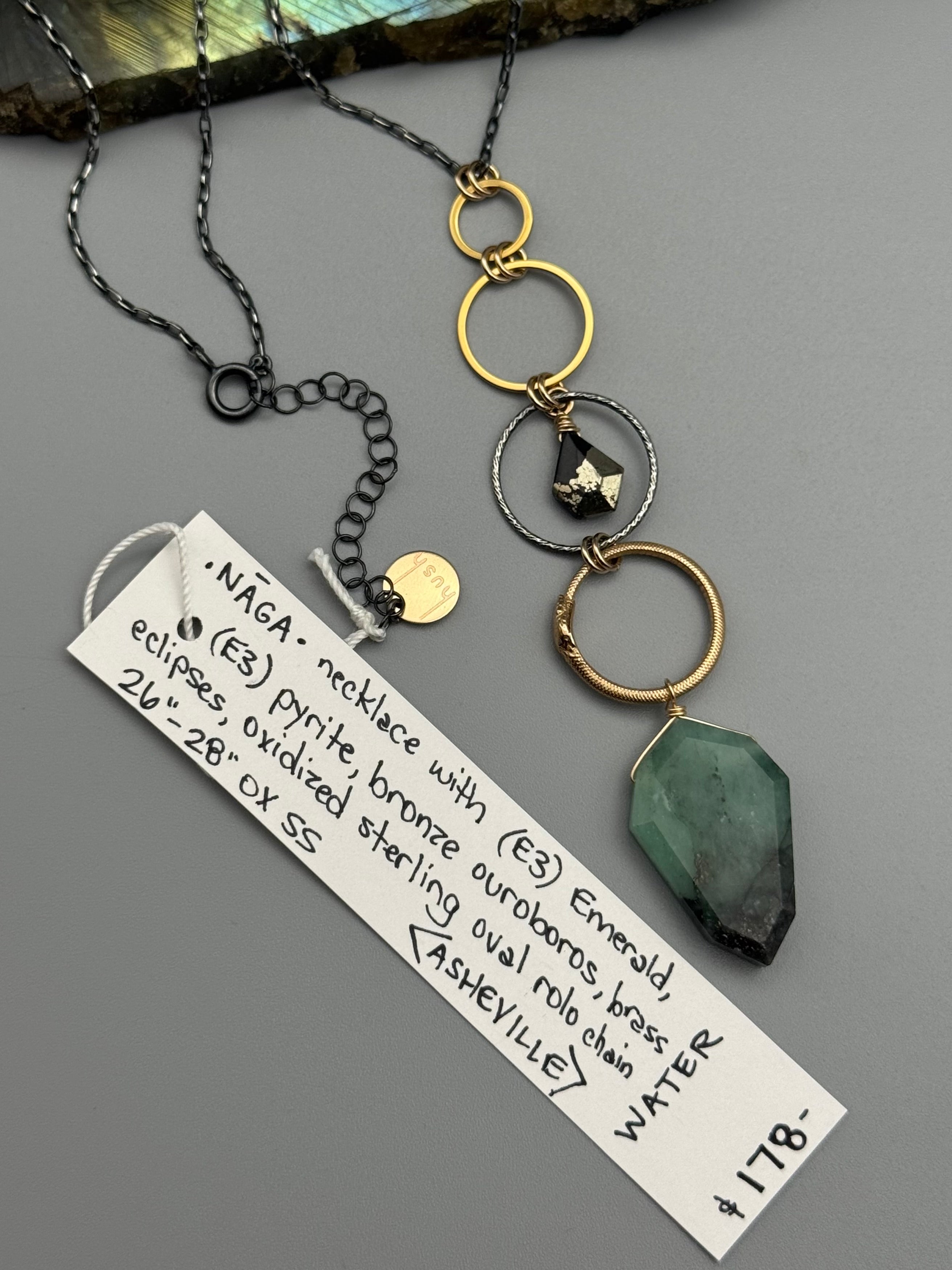 •NĀGA• pyrite + emerald mixed metal necklace (26"-28" long)