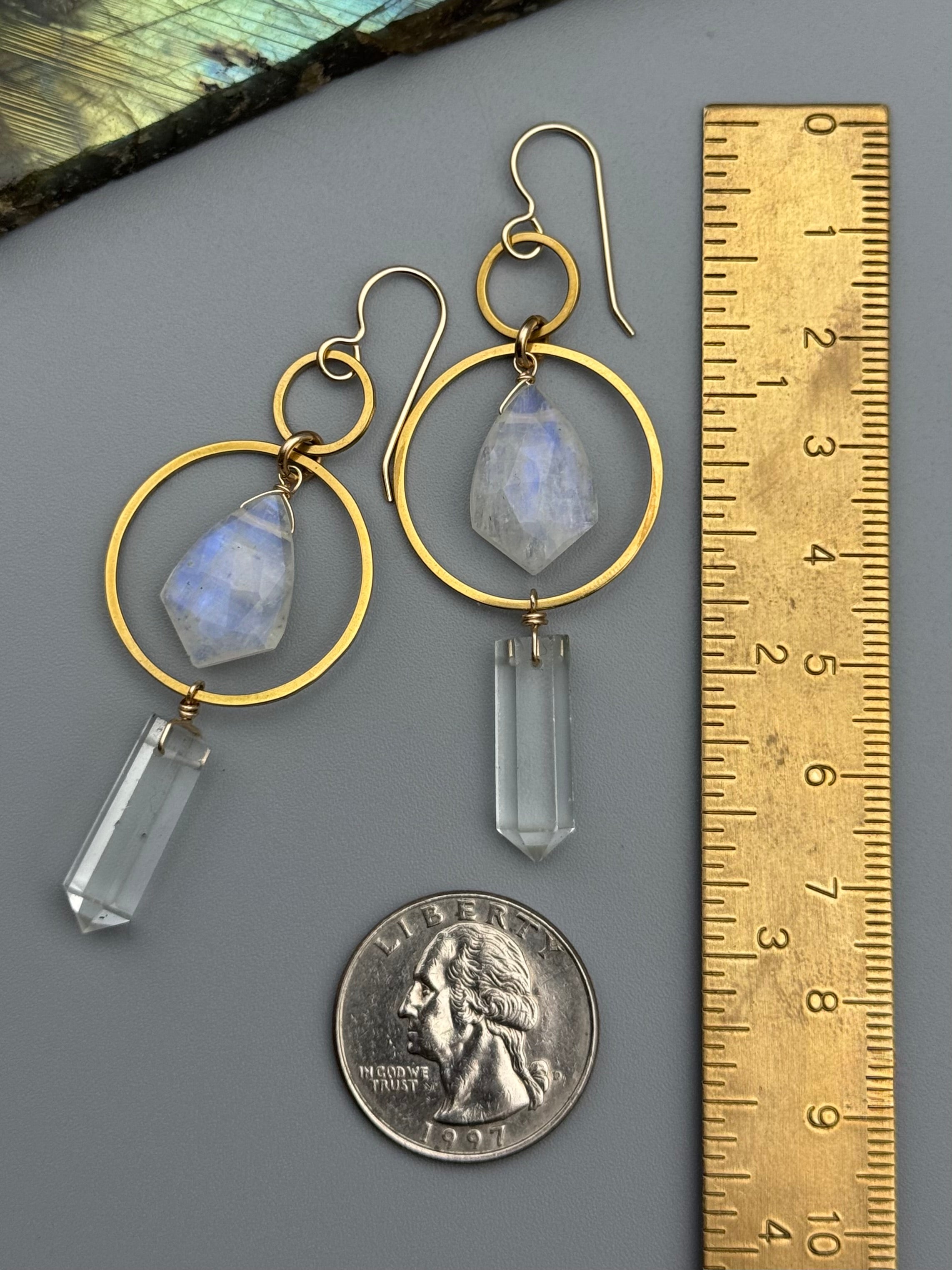 •EQUA-LUNA• rainbow moonstone + quartz point gold earrings