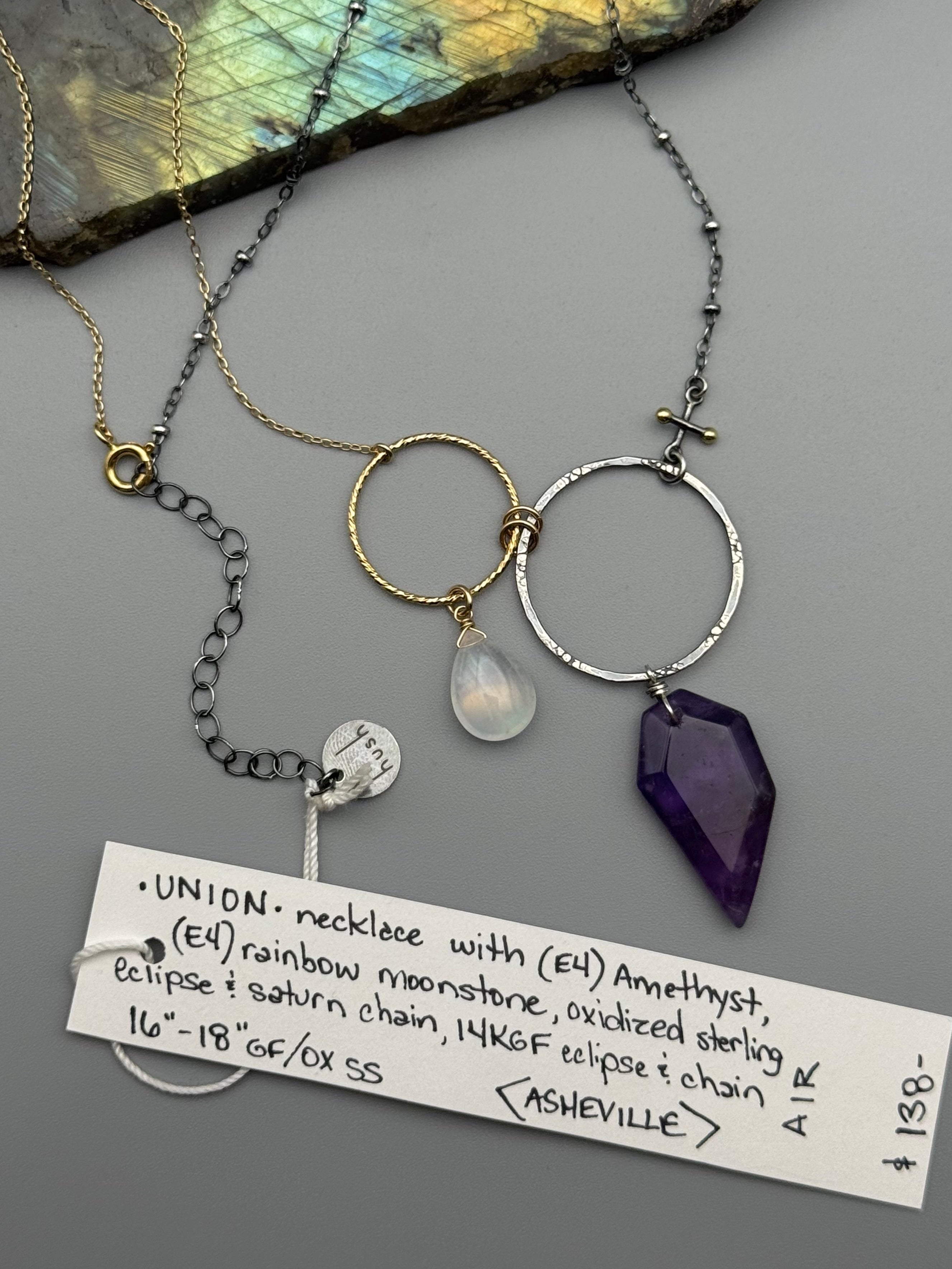 •UNION• rainbow moonstone + amethyst mixed metal necklace (16"-18" long)