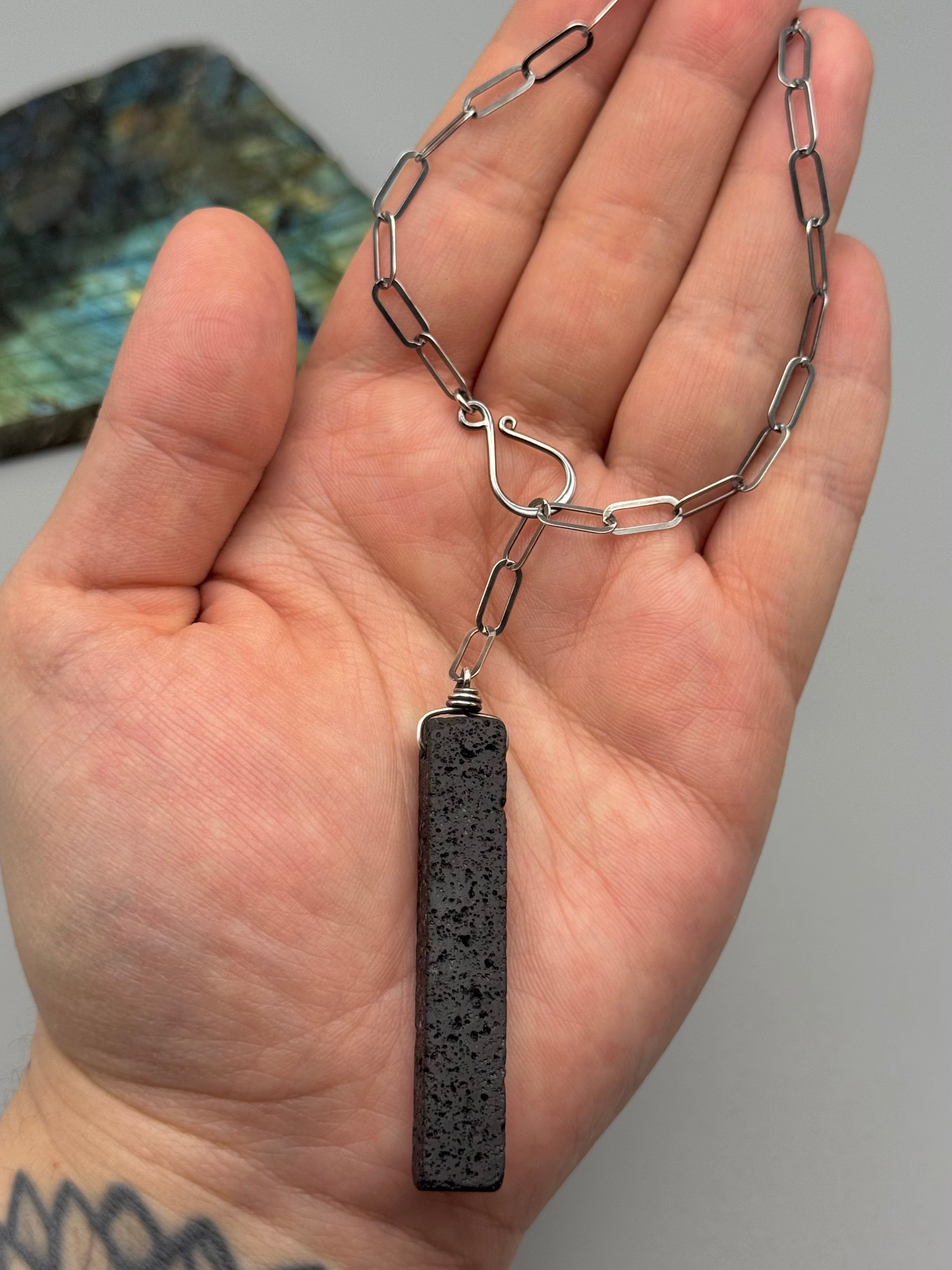 •LINKED• black lava + silver necklace (ADJ to 19")