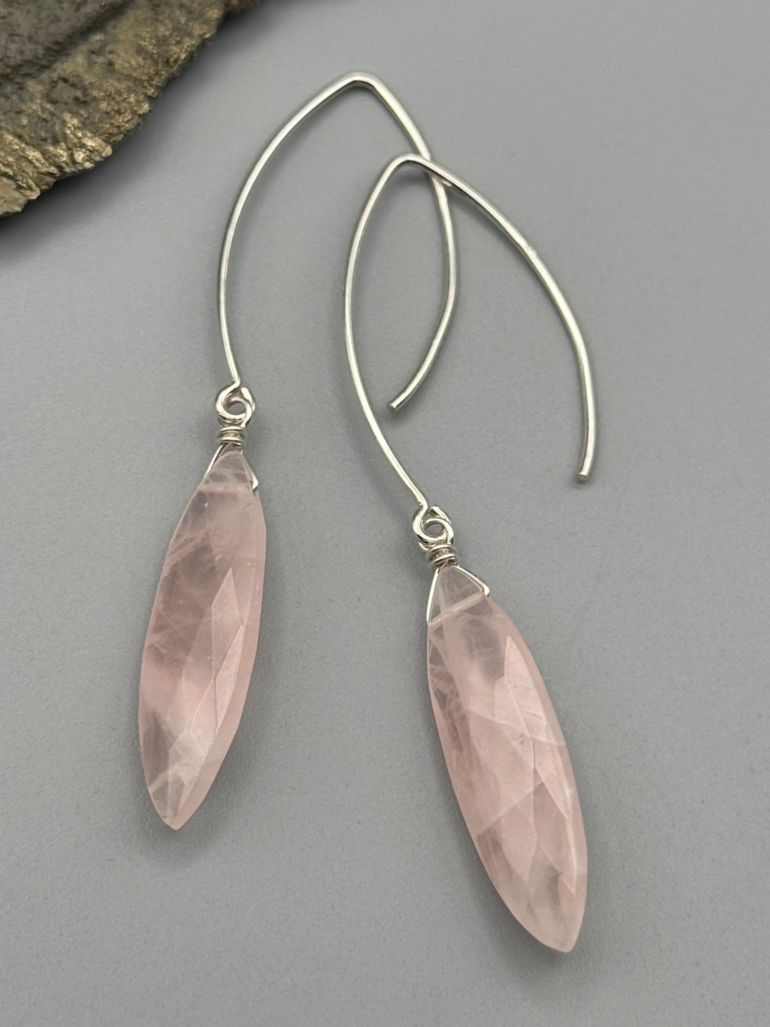 •STRAY• rose quartz marquise + silver earrings