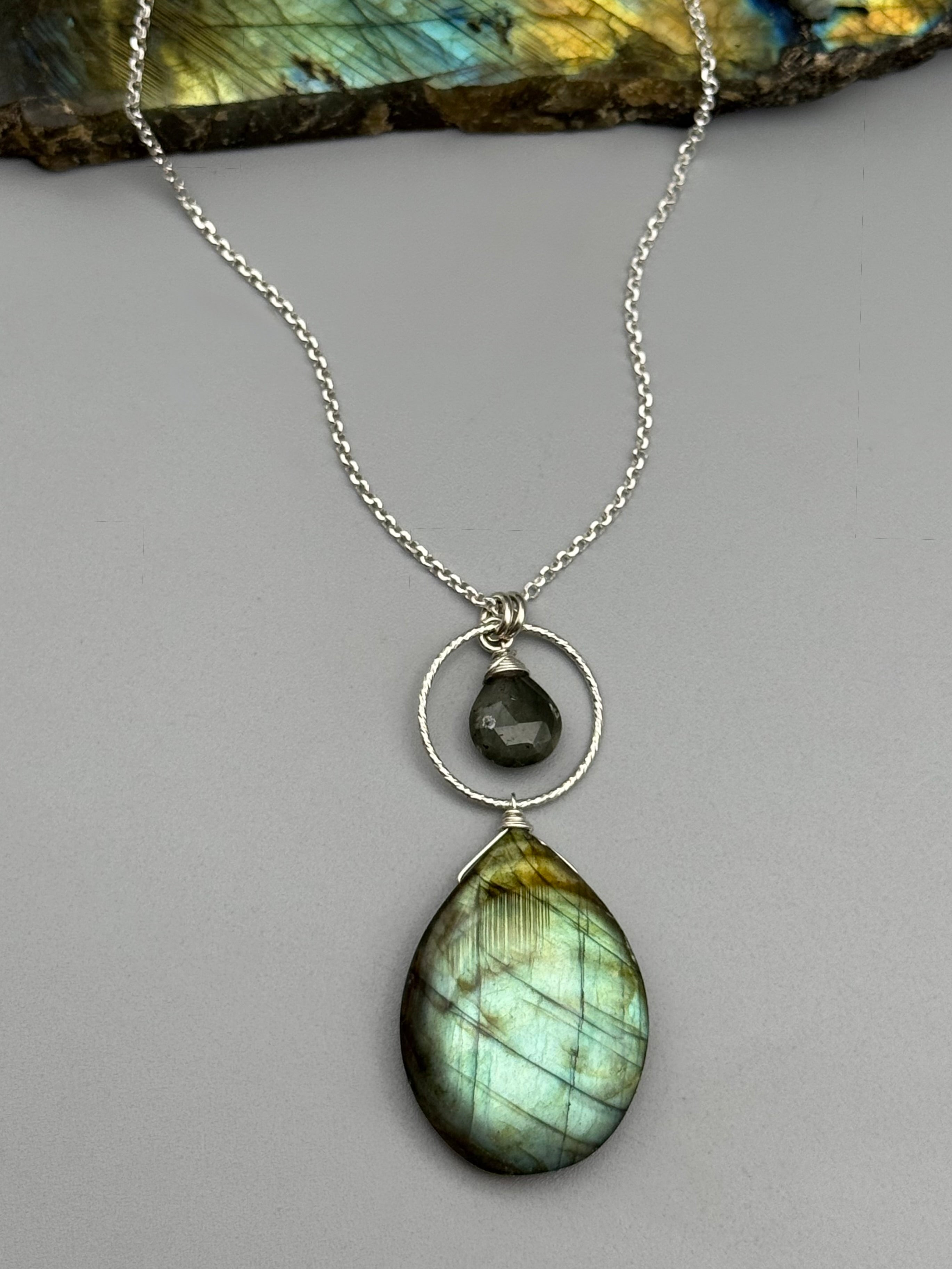 •LUNA• moss aquamarine + labradorite silver necklace (18"-20" long)