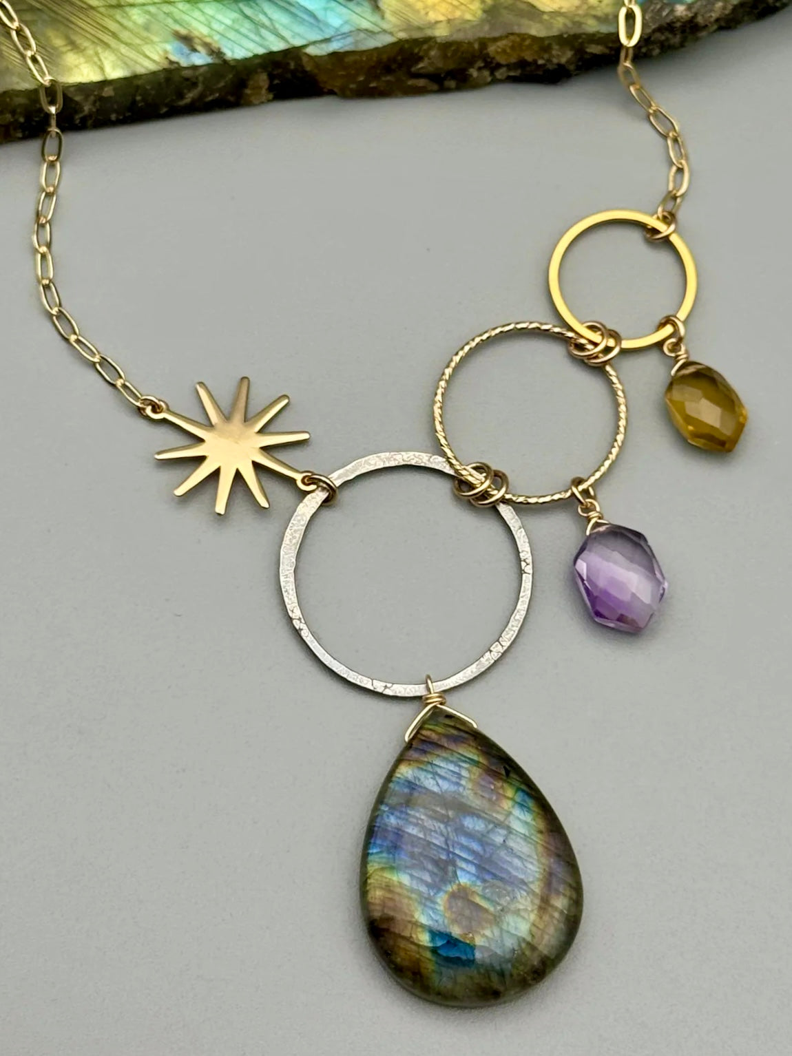 •UNION• citrine + amethyst + labradorite mixed metal necklace (16"-18" long)