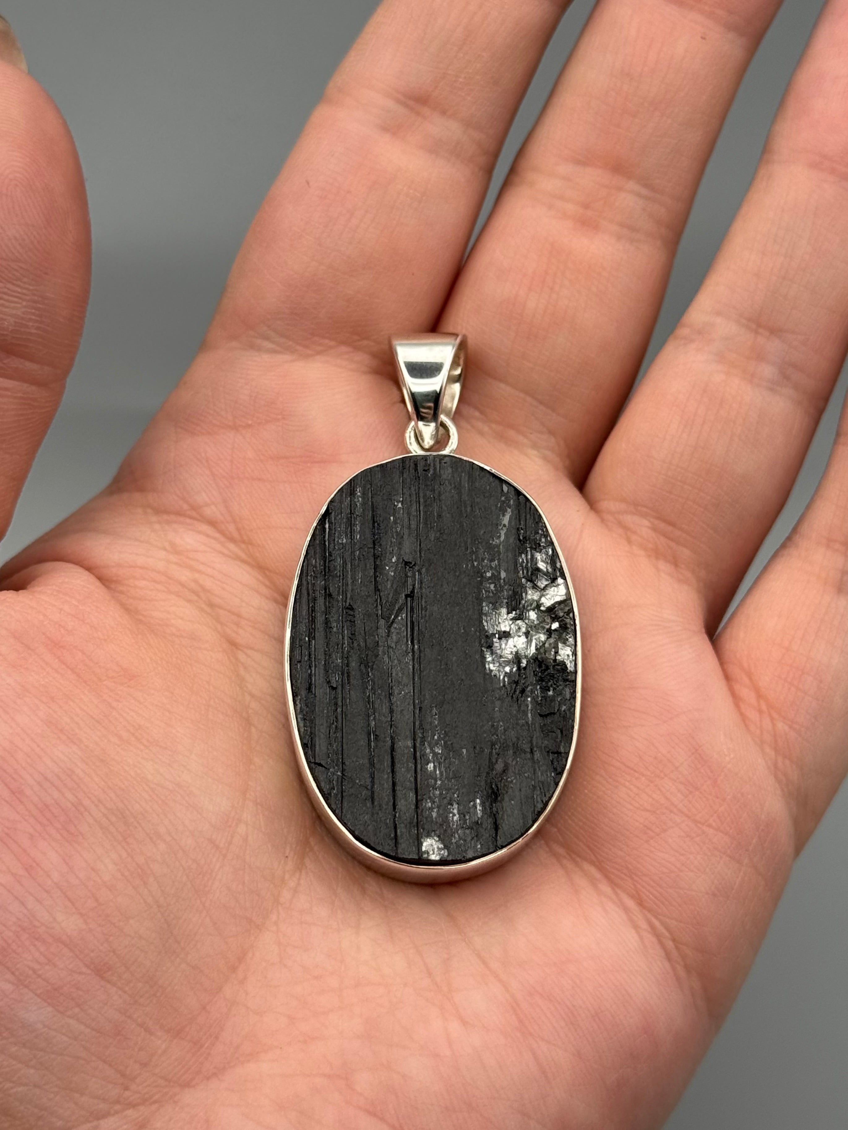 •BLACK TOURMALINE - OVAL• sterling silver pendant