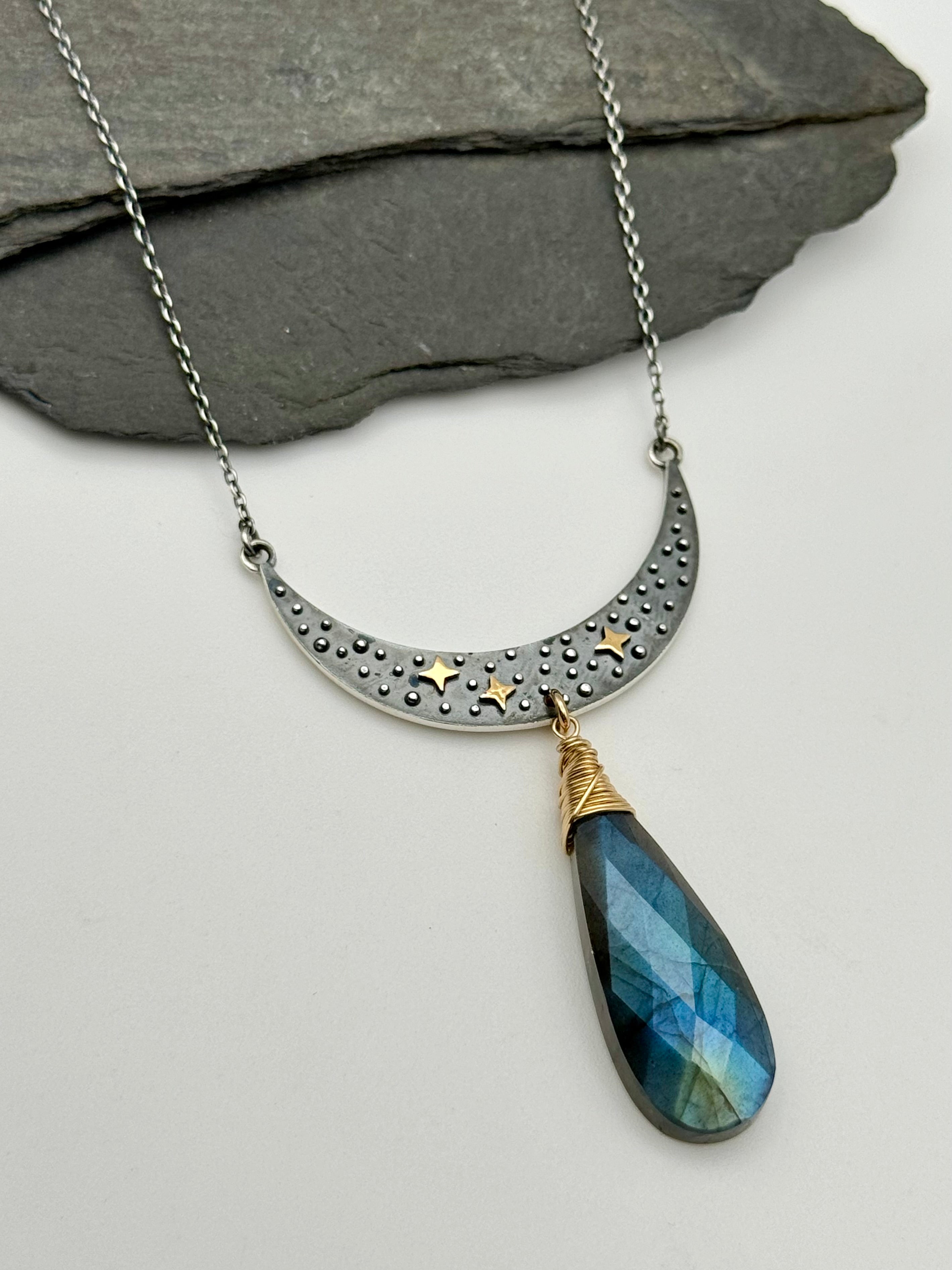 •NYX• labradorite + moon + mixed metal necklace (18"-20" long)
