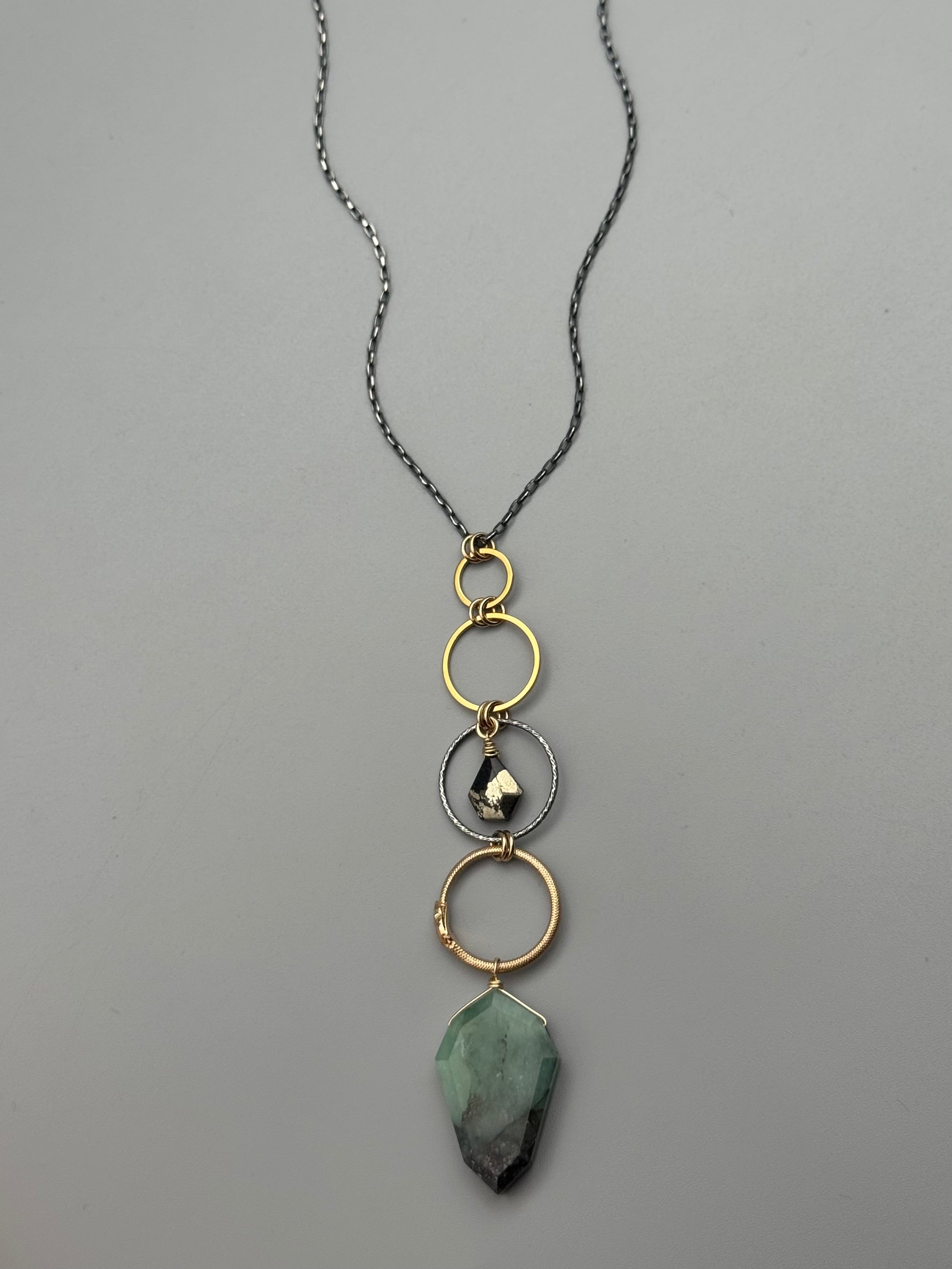 •NĀGA• pyrite + emerald mixed metal necklace (26"-28" long)